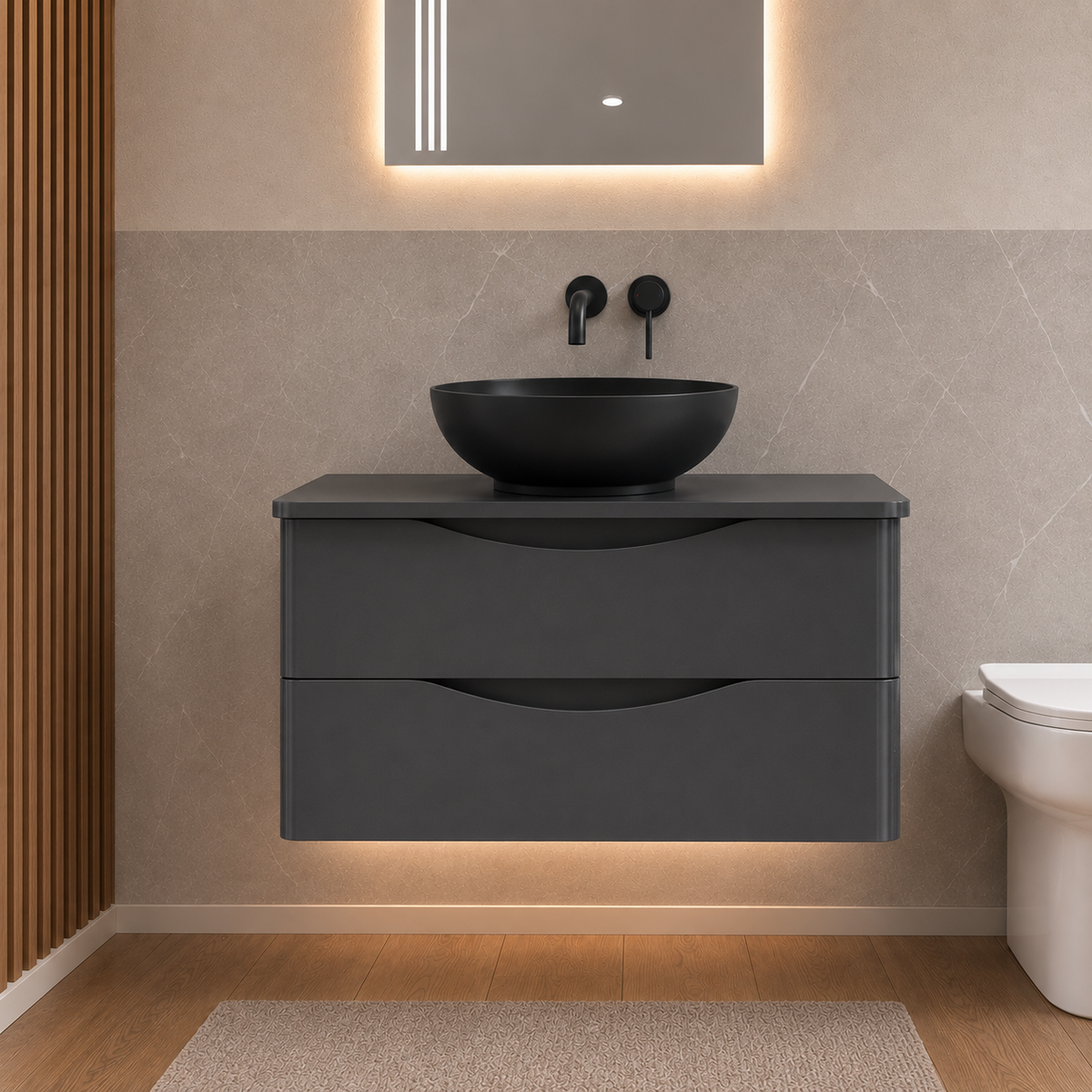 Merton Grey 800mm Wall Hung Countertop Vanity with 410mm Matte Black Oval Basin