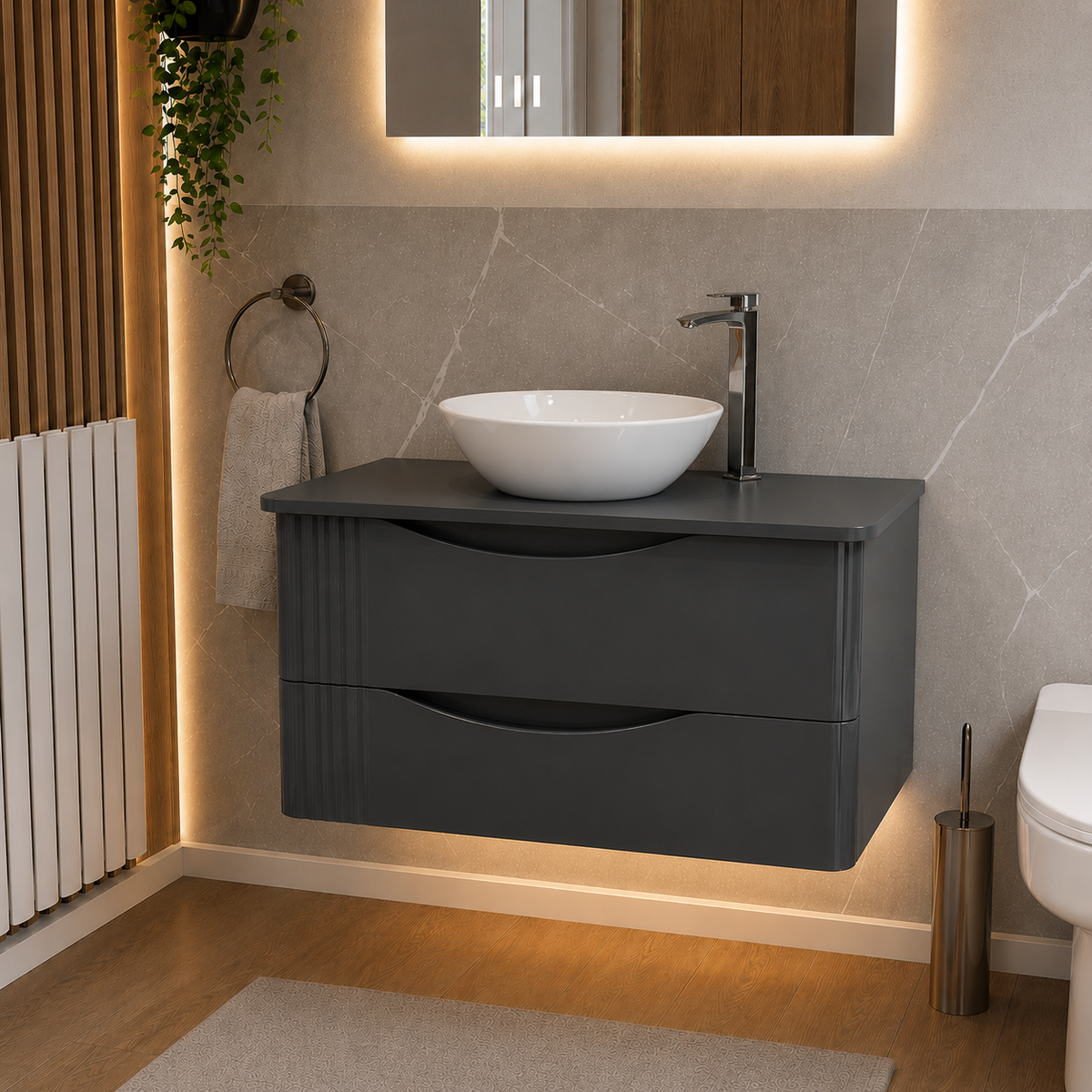 Merton Grey 800mm Wall Hung Countertop Vanity with 410mm White Oval Basin
