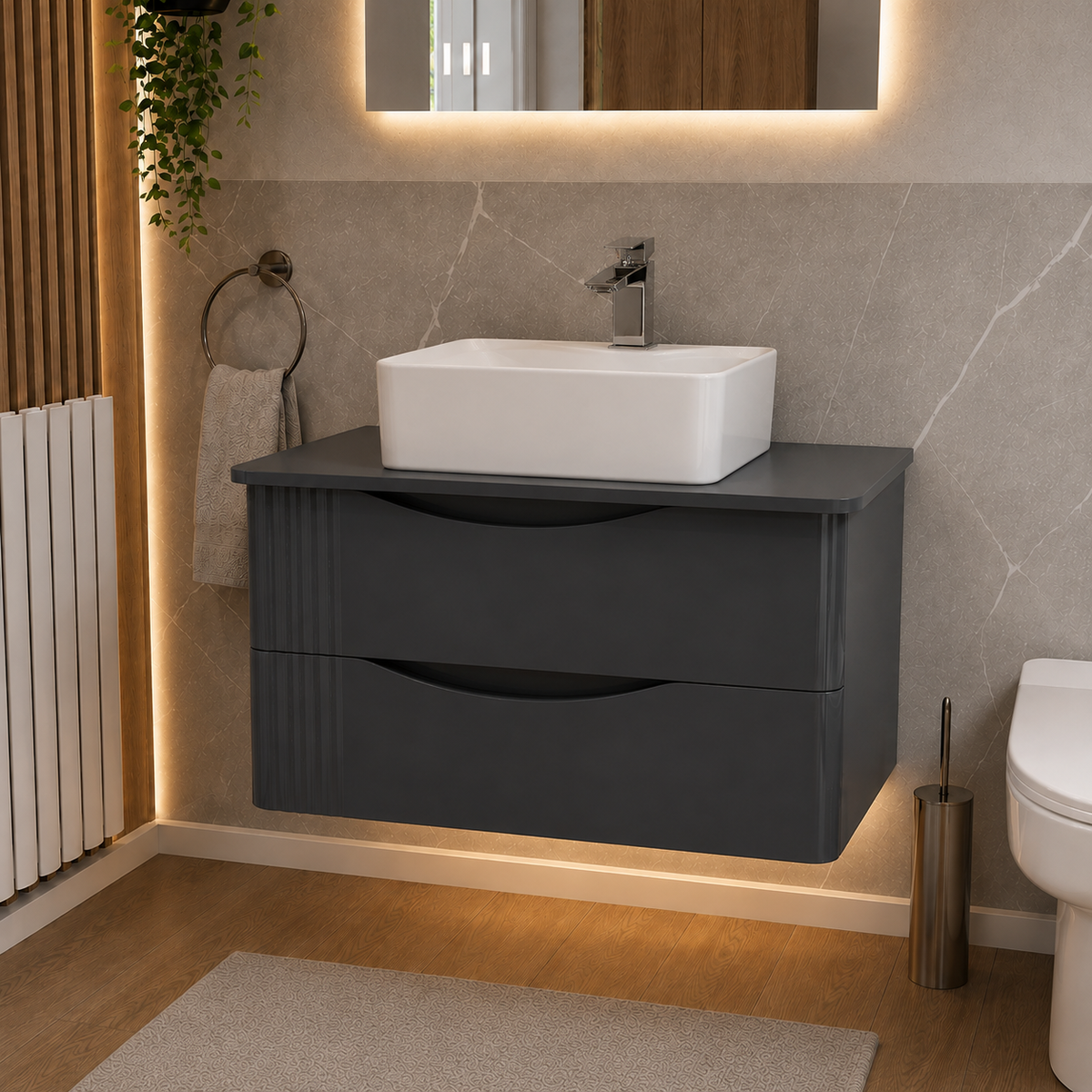 Merton Grey 800mm Wall Hung Countertop Vanity with 485mm White Rectangle Basin