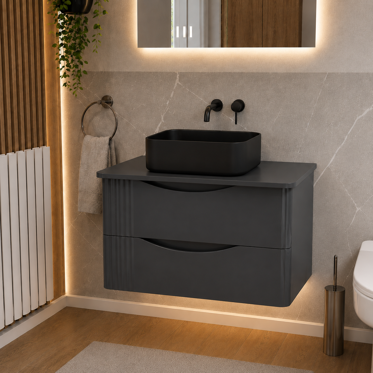 Merton Grey 800mm Wall Hung Countertop Vanity with 490mm Rectangle Matte Black Basin