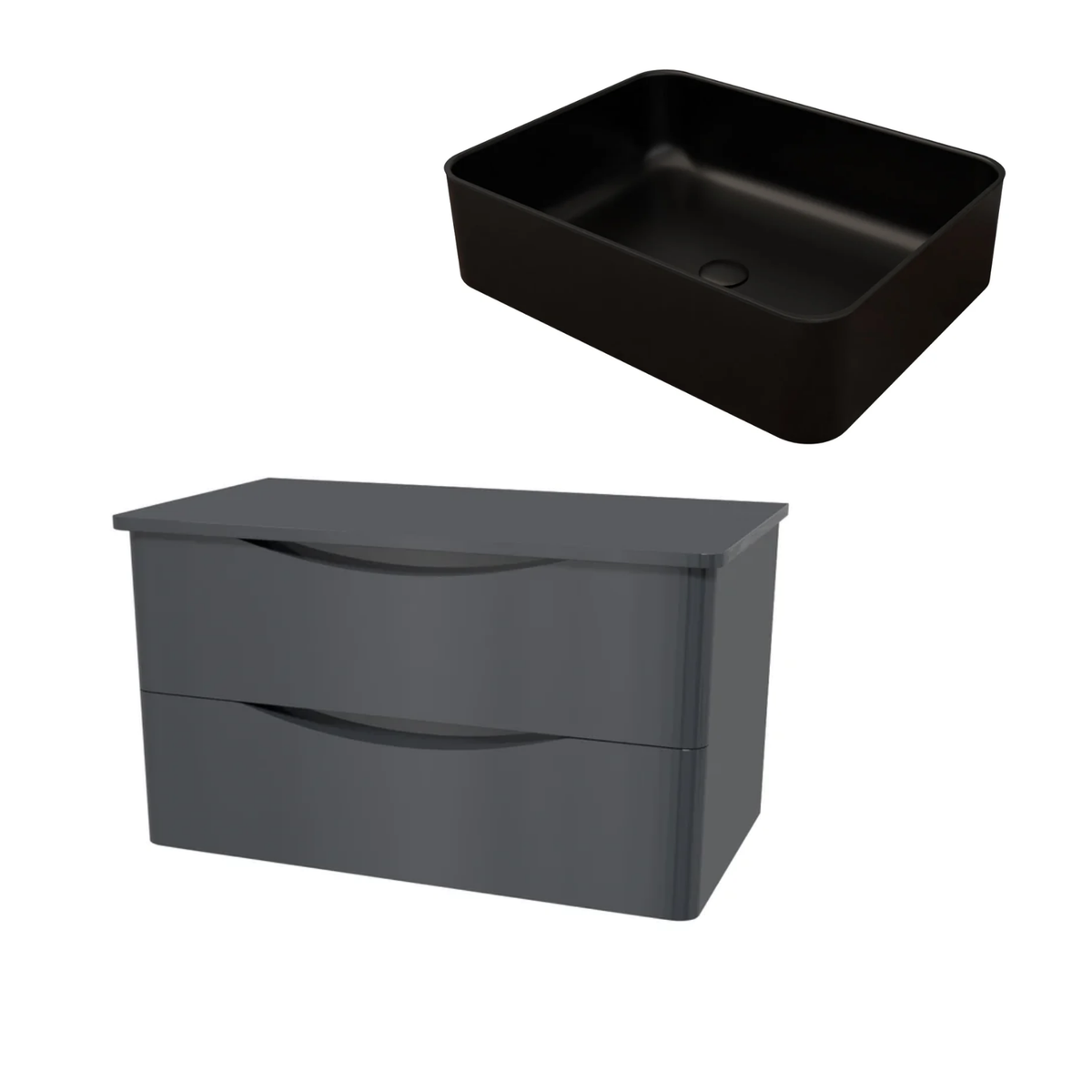 Merton Grey 800mm Wall Hung Countertop Vanity with 490mm Rectangle Matte Black Basin