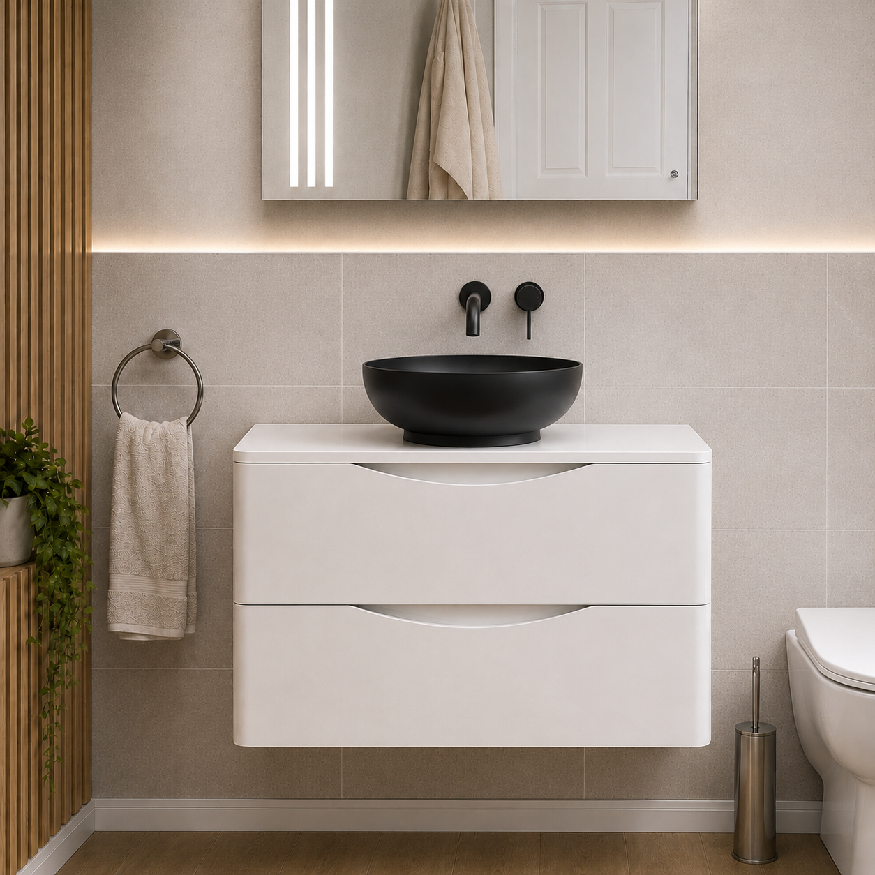 Merton 800mm White Wall Hung Vanity with Worktop and 410mm Matte Black Oval Countertop Basin