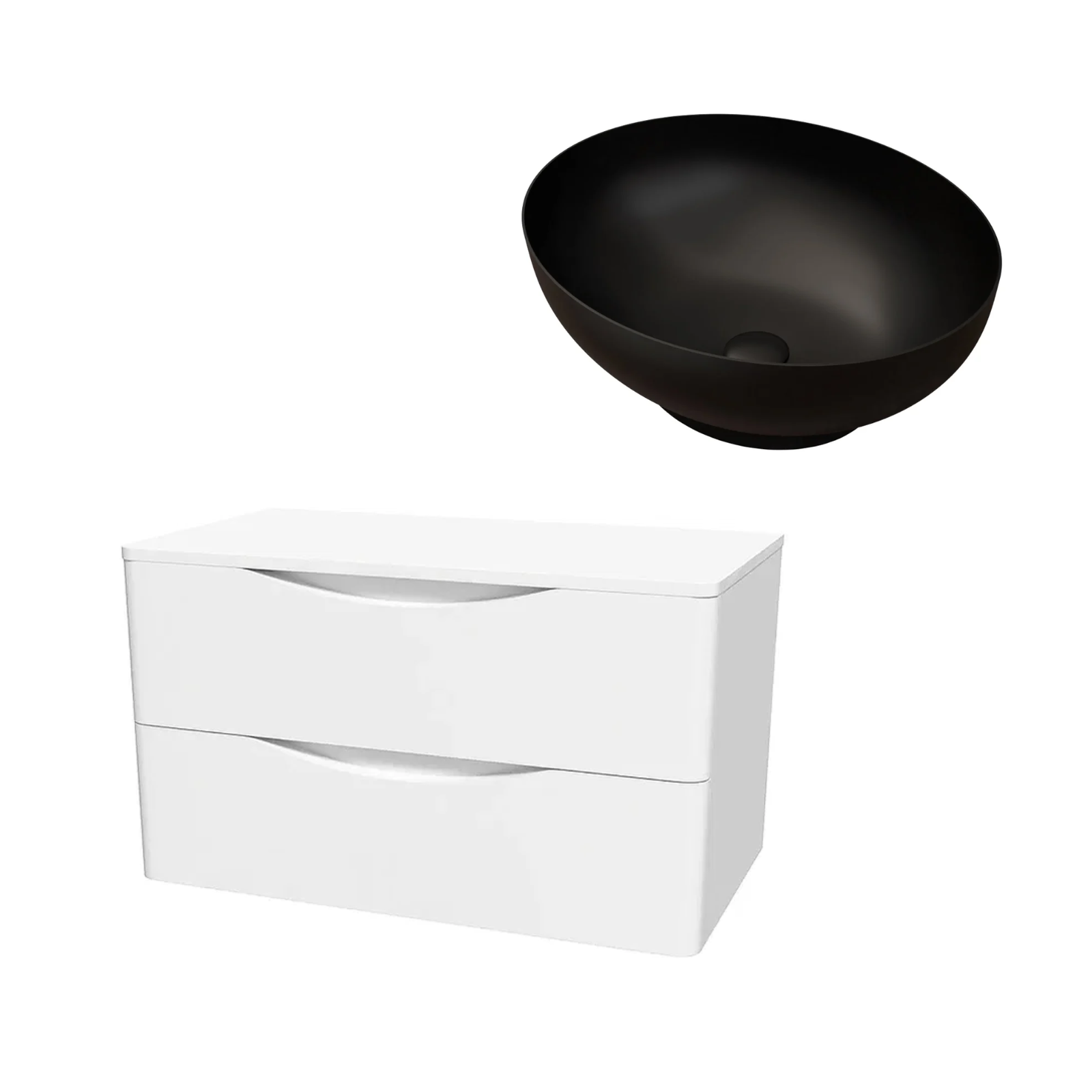 Merton 800mm White Wall Hung Vanity with Worktop and 410mm Matte Black Oval Countertop Basin