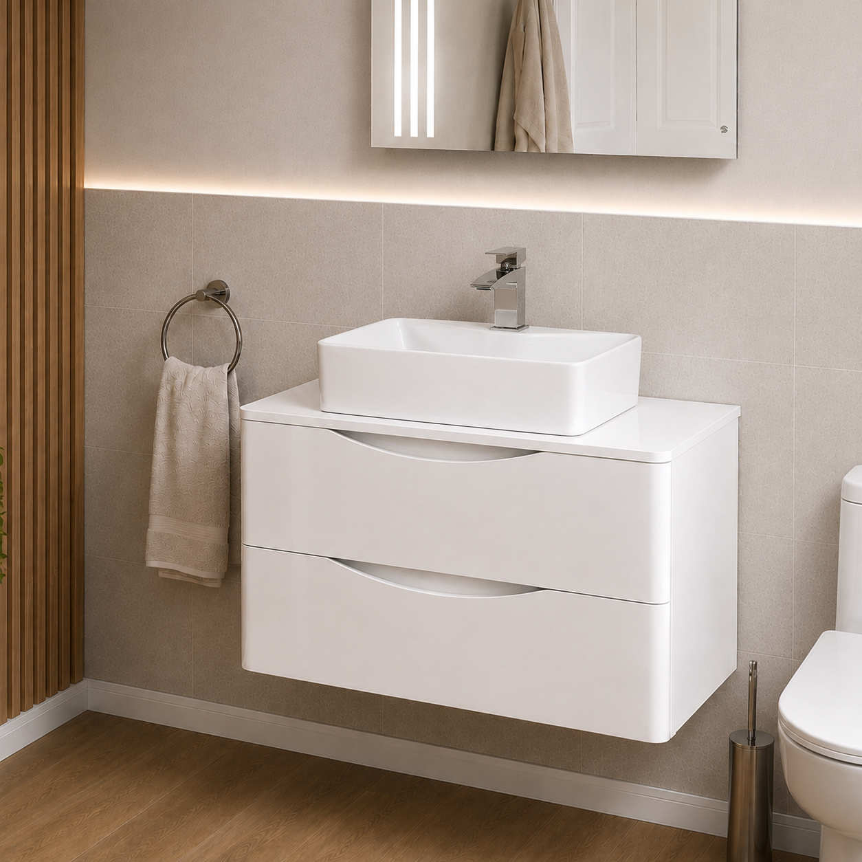 Merton 800mm White Wall Hung Vanity with Worktop and 485mm White Rectangle Countertop Basin