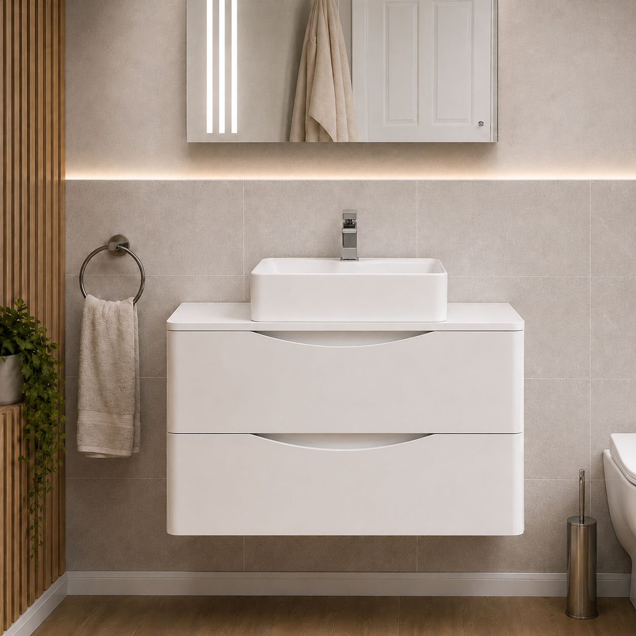 Merton 800mm White Wall Hung Vanity with Worktop and 485mm White Rectangle Countertop Basin