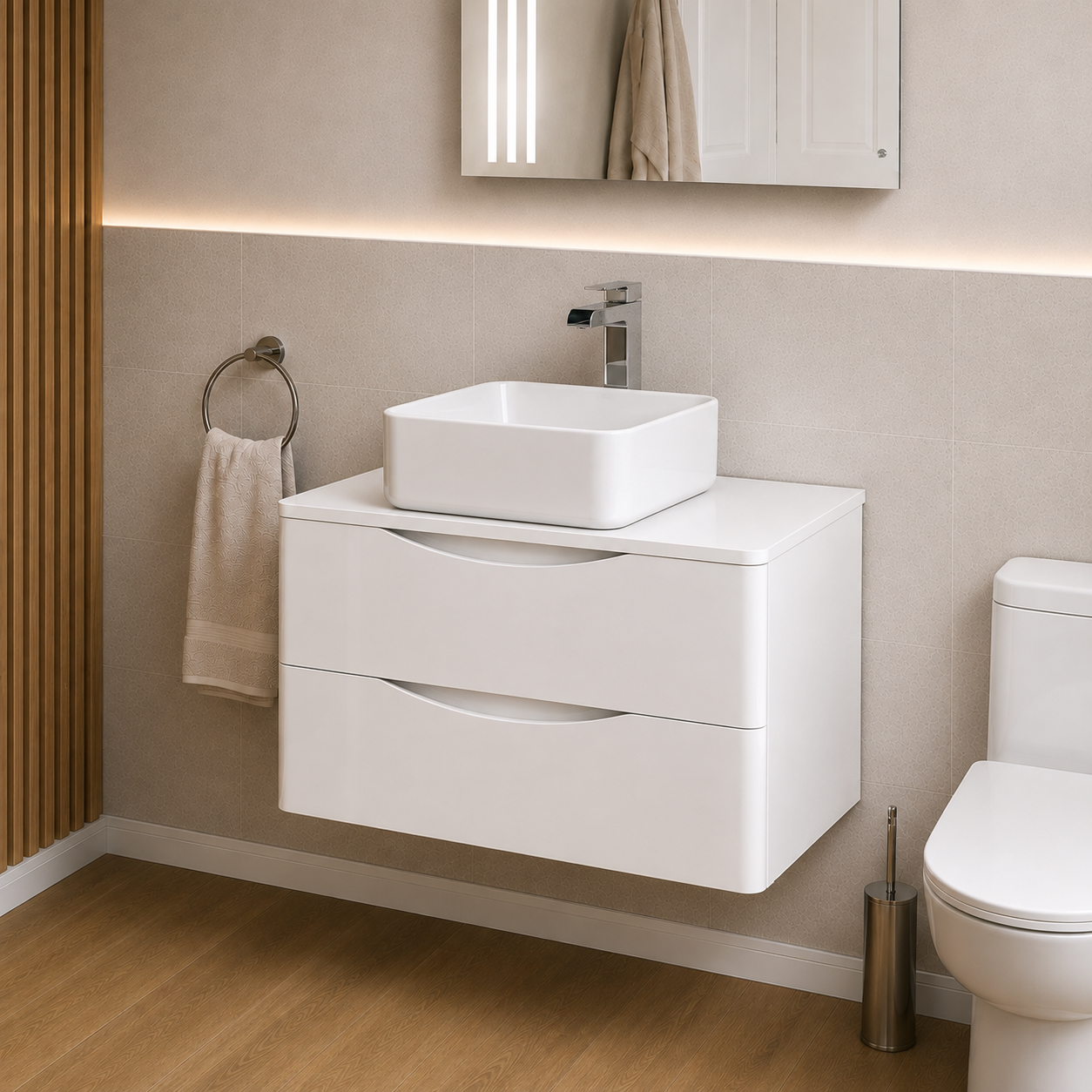 Merton 800mm White Wall Hung Vanity with Worktop and 390mm Square Gloss White Countertop Basin