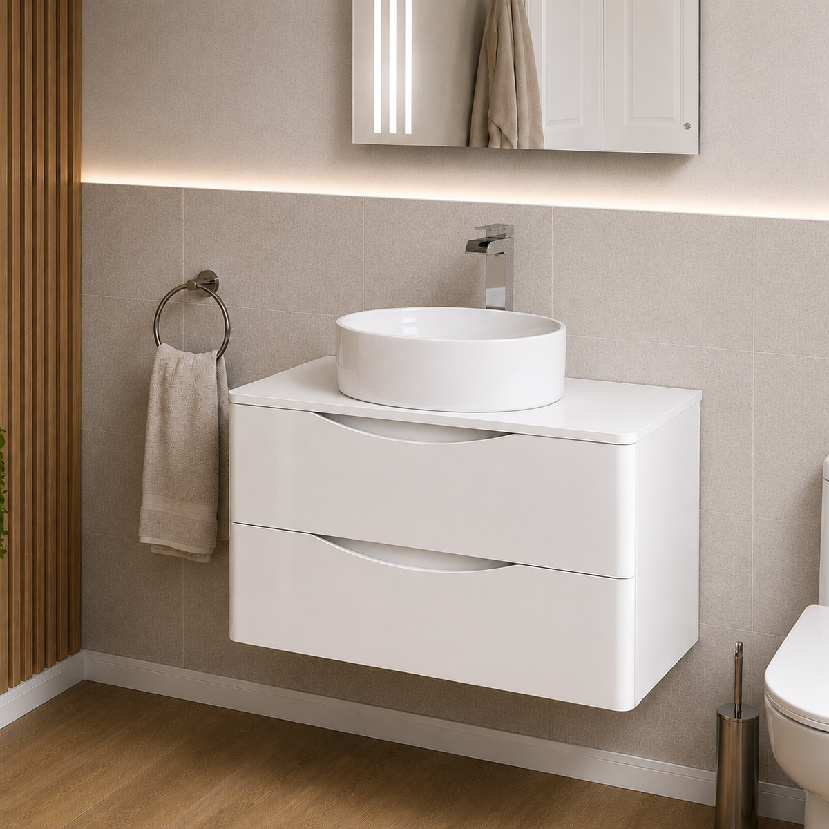 Merton 800mm White Wall Hung Vanity with Worktop and 360mm Gloss White Round Countertop Basin