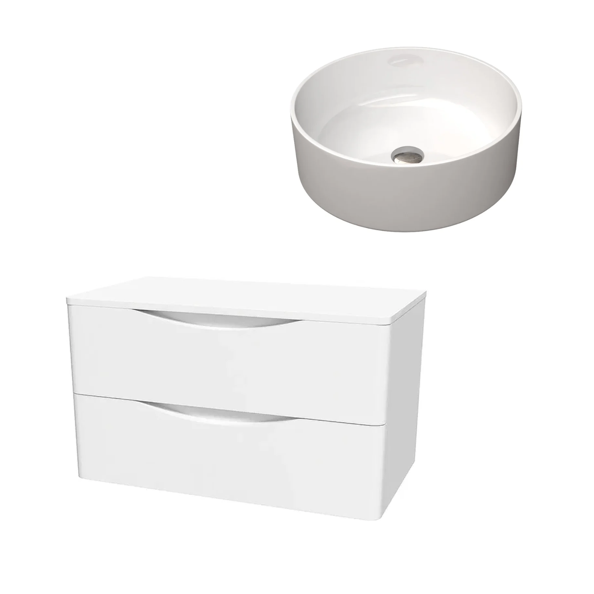 Merton 800mm White Wall Hung Vanity with Worktop and 360mm Gloss White Round Countertop Basin