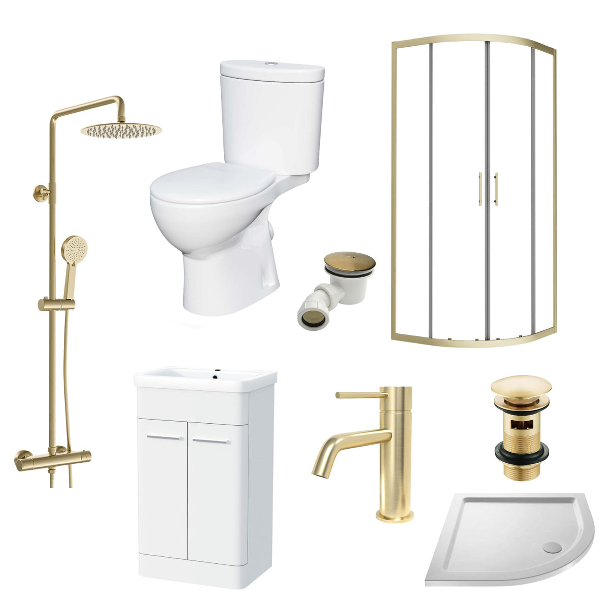 Enclosure Suite - 800mm Quadrant Screen with 500mm Vanity Unit & Close Coupled Toilet - Set with Brushed Brass Fittings