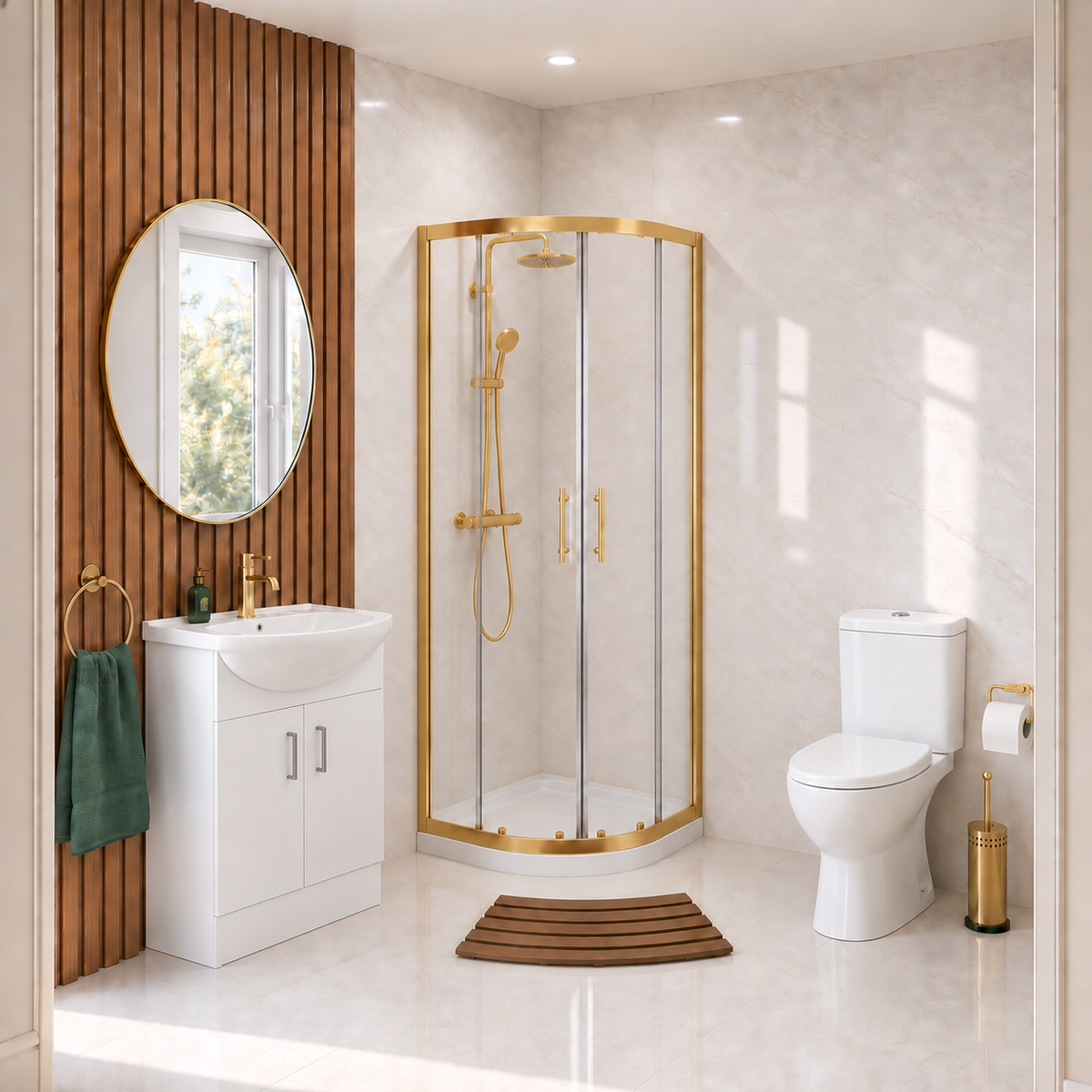 Enclosure Suite - 800mm Quadrant Screen with 550mm Vanity Unit & Close Coupled Toilet - Set with Brushed Brass  Fittings