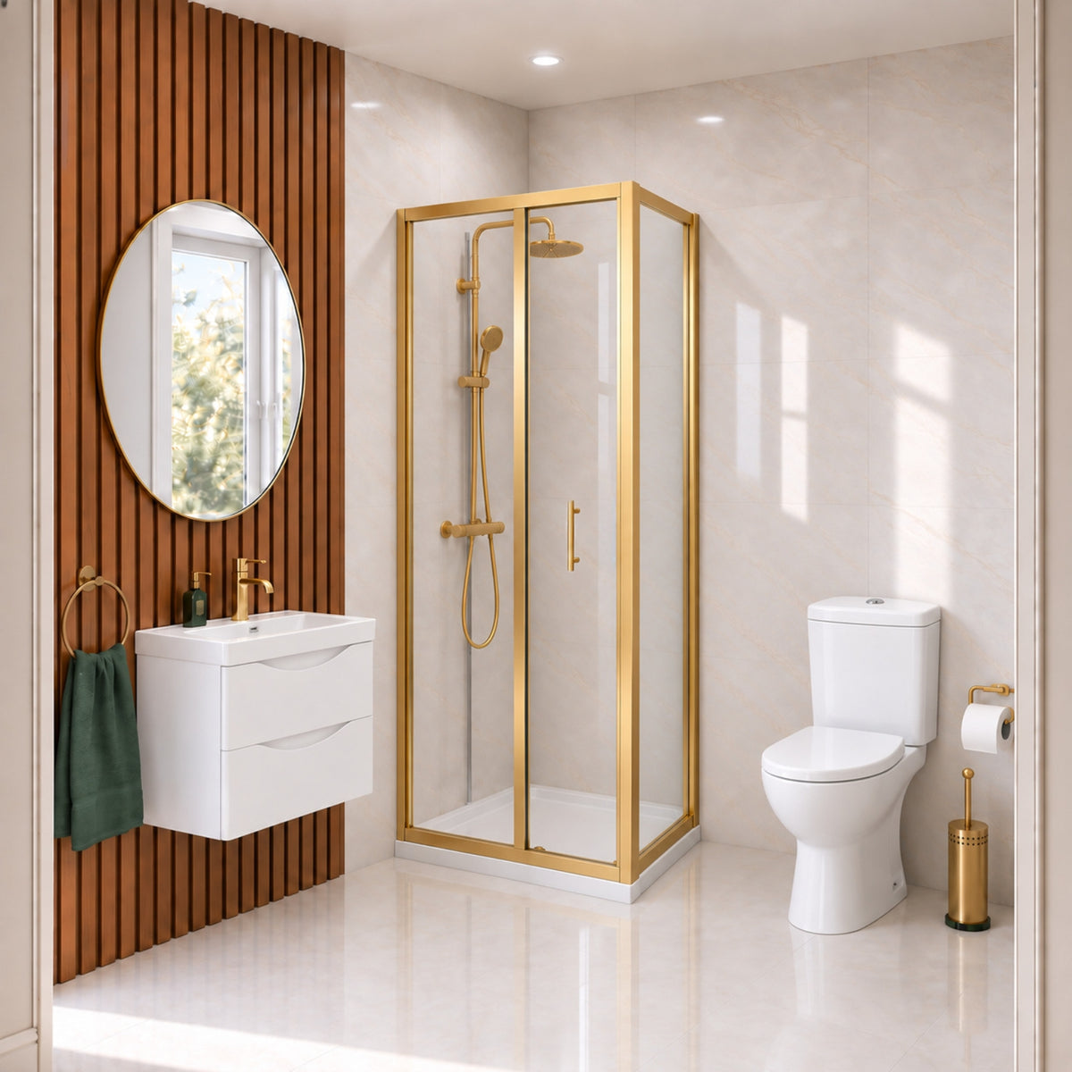 Enclosure Suite - 760mm Bi-fold Tempered Glass Shower Enclosure with 600mm 2 Drawers Wall Hung Vanity Unit & Close Coupled Toilet - Set with Brushed Brass Fittings