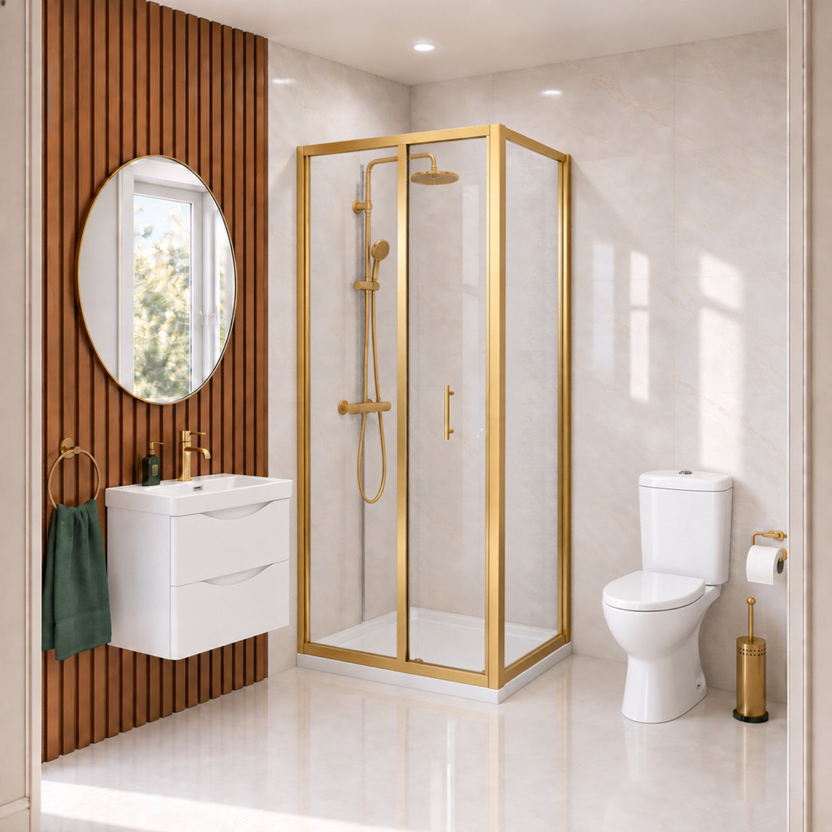 Enclosure Suite - 800mm Bi-fold Tempered Glass Shower Enclosure with 600mm 2 Drawers Wall Hung Vanity Unit & Close Coupled Toilet - Set with Brushed Brass Fittings