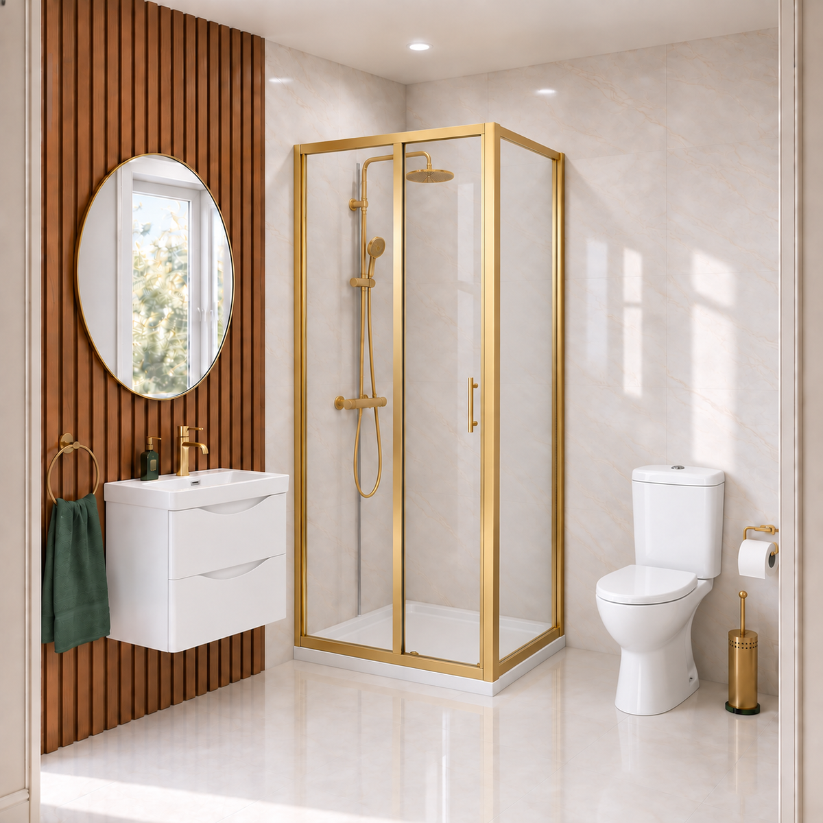 Enclosure Suite - 800mm Bi-fold Tempered Glass Shower Enclosure with 600mm 2 Drawers Wall Hung Vanity Unit & Close Coupled Toilet - Set with Brushed Brass Fittings