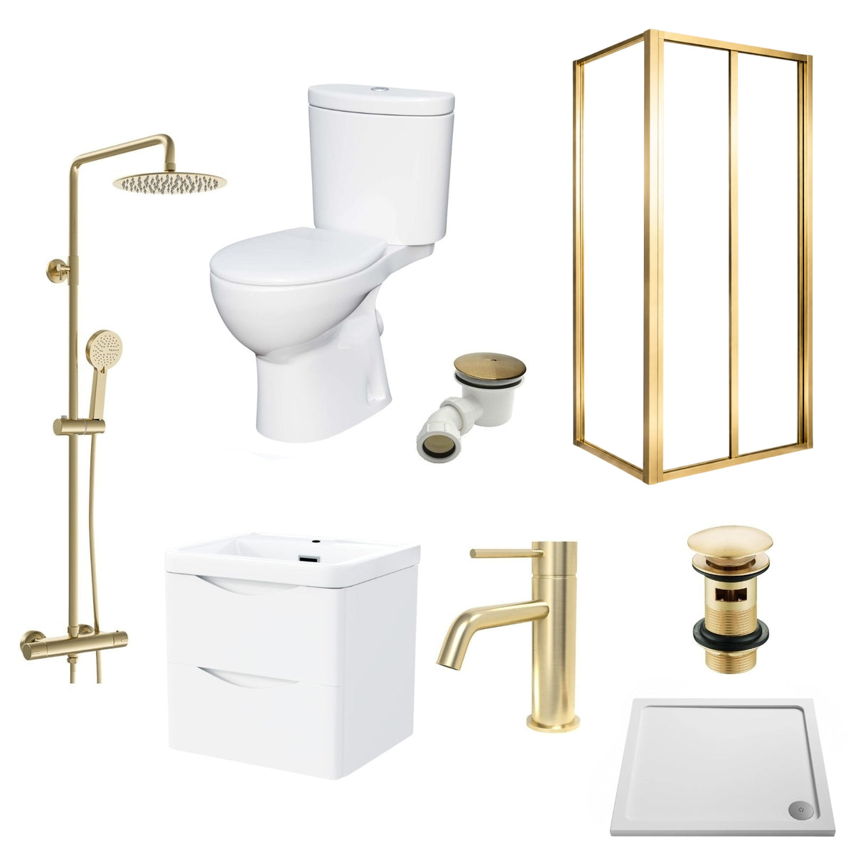 Enclosure Suite - 800mm Bi-fold Tempered Glass Shower Enclosure with 600mm 2 Drawers Wall Hung Vanity Unit & Close Coupled Toilet - Set with Brushed Brass Fittings