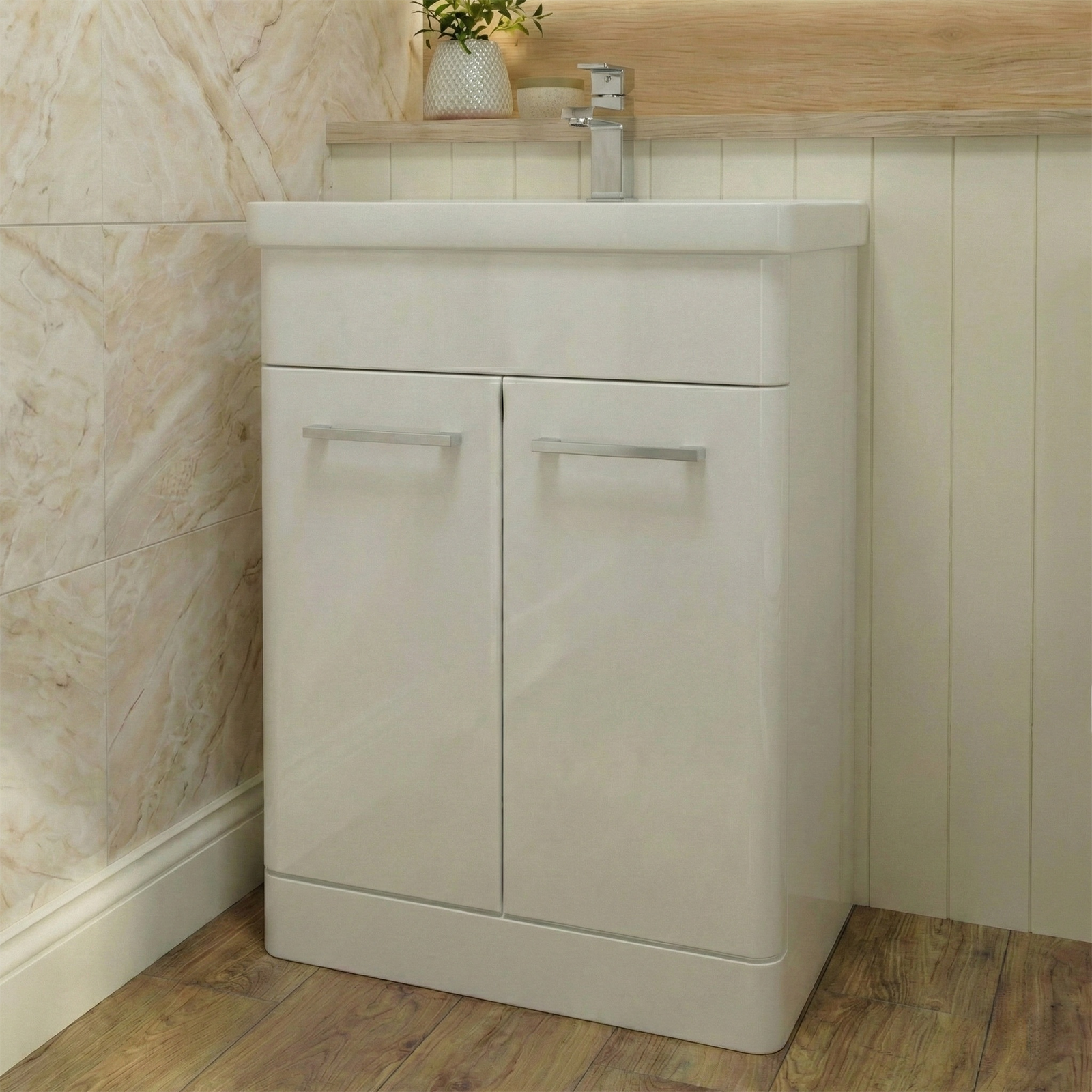 Afern 500mm White Cloakroom Freestanding Vanity with Basin & Theo Rimless Toilet & Chrome Basin Mixer Tap Set