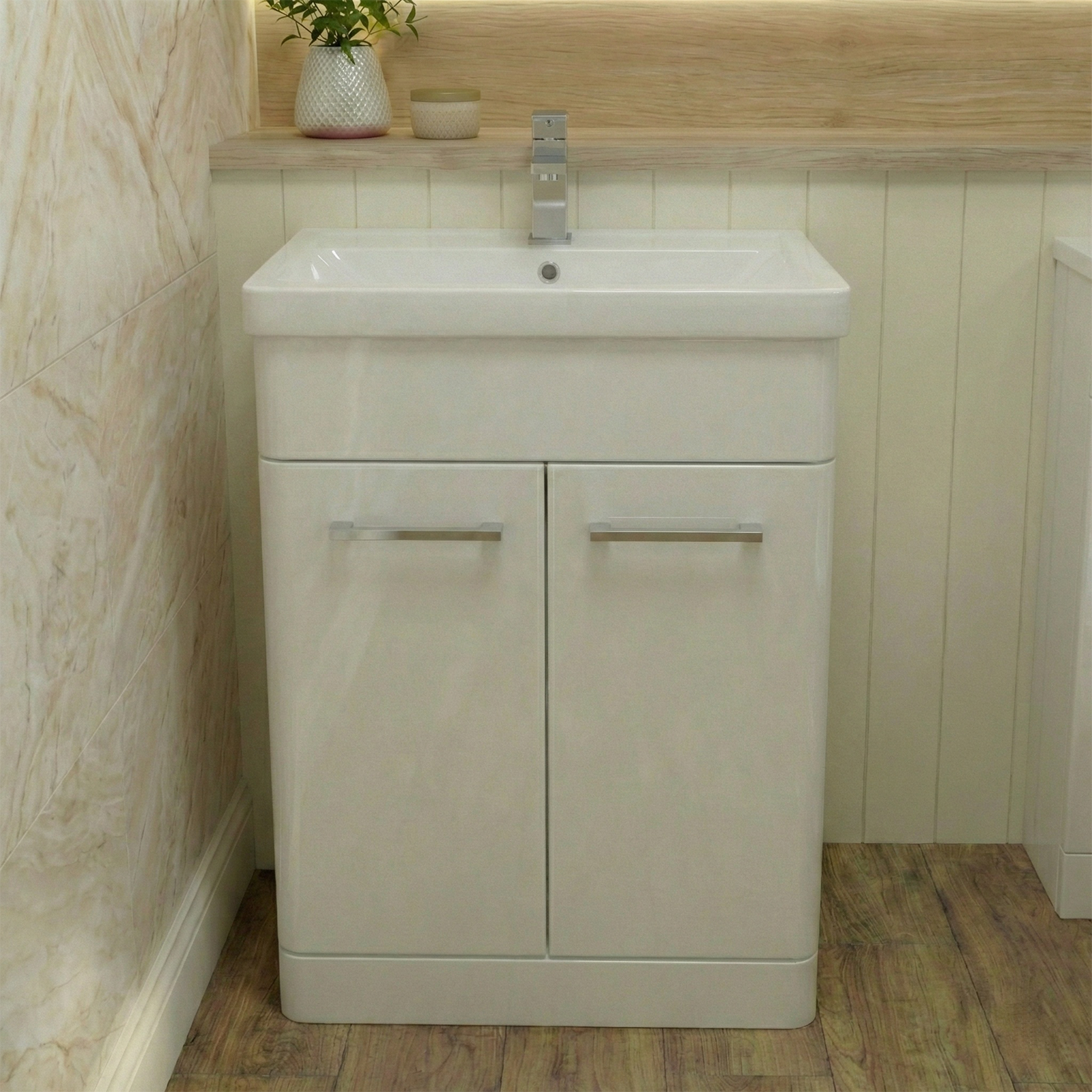 Afern 500mm White Cloakroom Freestanding Vanity with Basin & Theo Rimless Toilet & Chrome Basin Mixer Tap Set