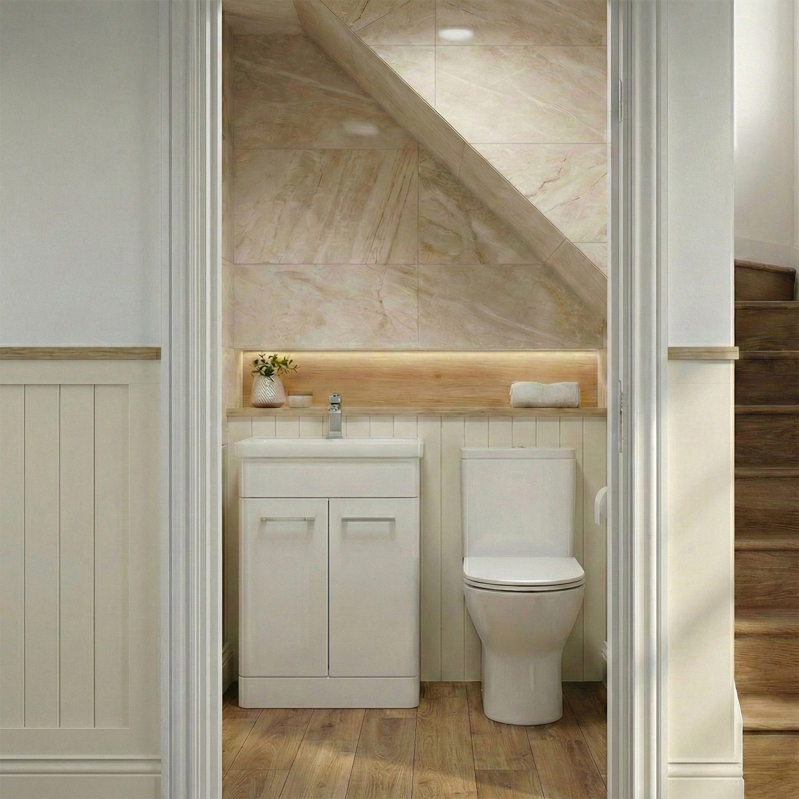 Afern 500mm White Cloakroom Freestanding Vanity with Basin & Theo Rimless Toilet & Chrome Basin Mixer Tap Set