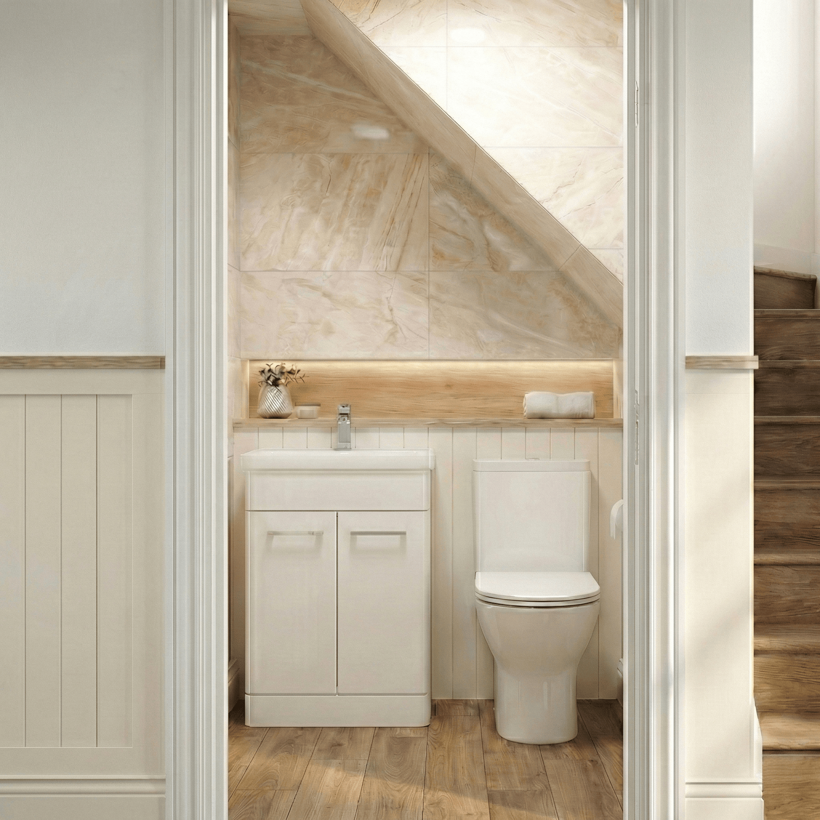 Afern Cloakroom 500mm Gloss White Cloakroom Floorstanding Vanity & Close Coupled Toilet with Soft Close Seat