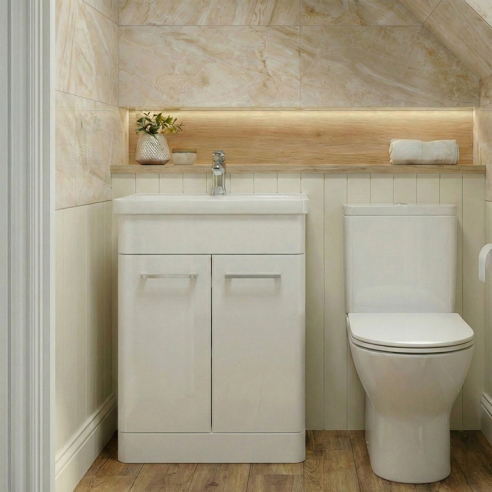 Afern 500mm White Cloakroom Freestanding Vanity with Basin & Theo Rimless Toilet & Chrome Basin Mixer Tap Set