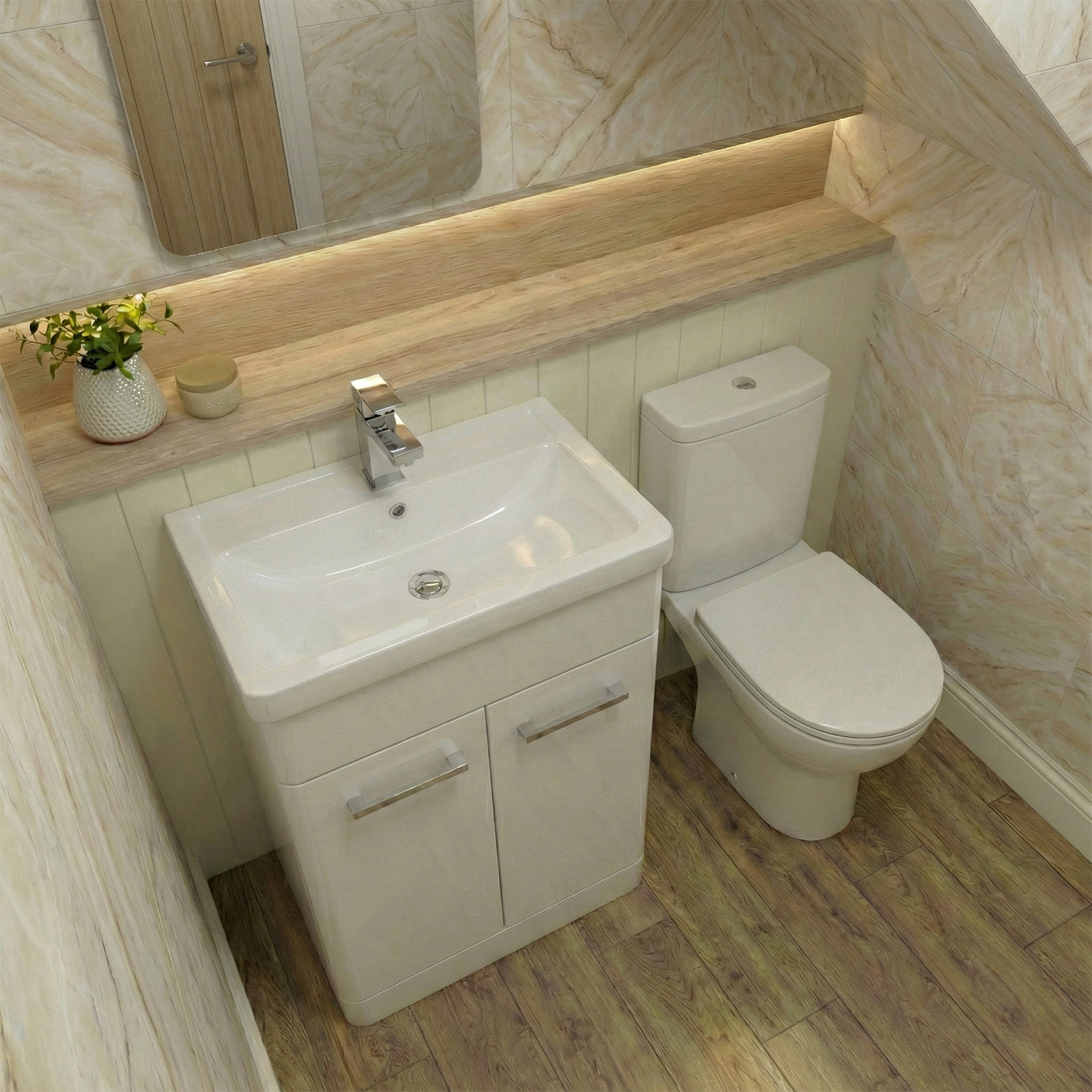 Afern 500mm White Cloakroom Freestanding Vanity with Basin & Theo Rimless Toilet & Chrome Basin Mixer Tap Set