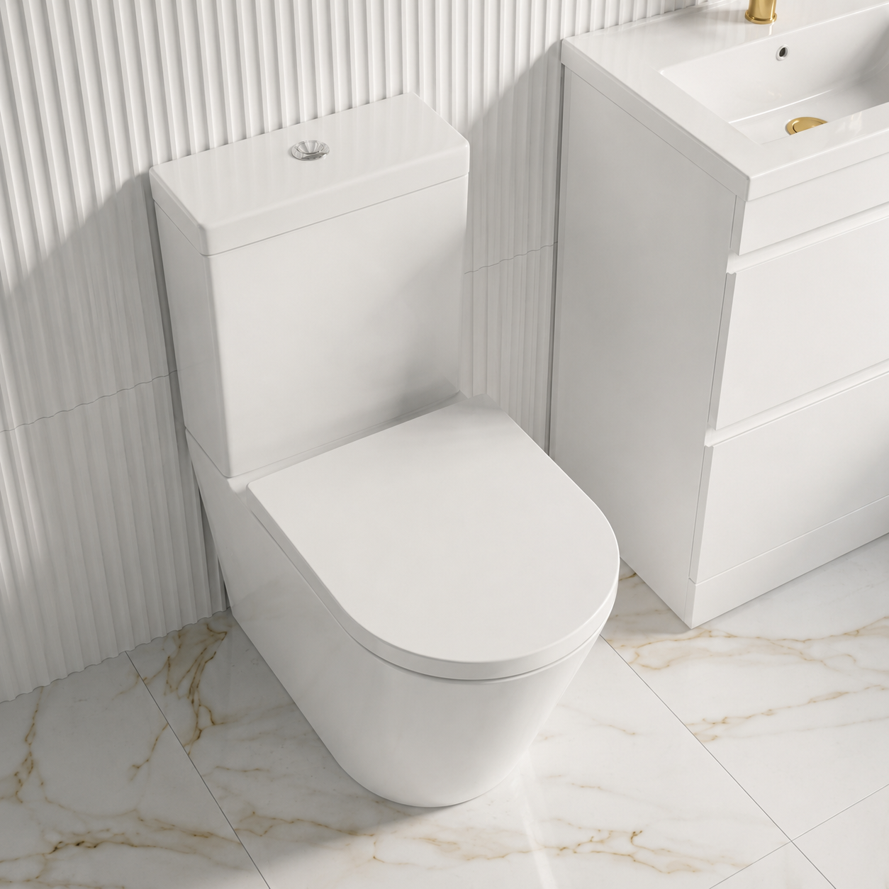 Bathroom Suite - Alaska 1400mm Square Single Ended Bath with Screen, 500mm 2 Drawers Vanity & Toilet - Set with Brushed Brass Fittings