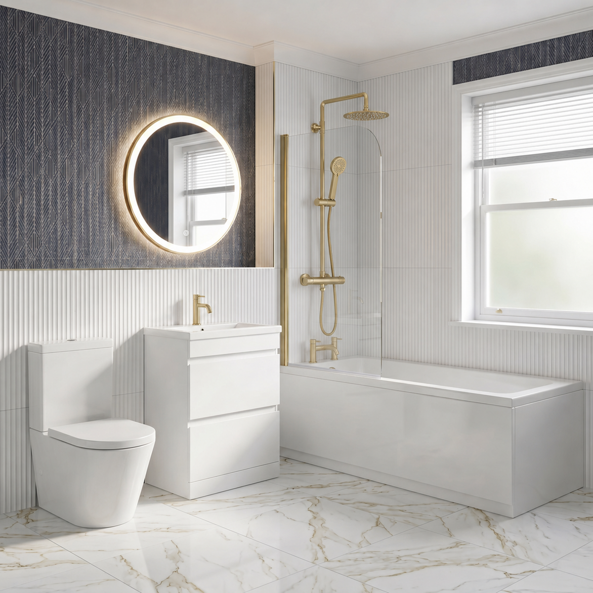 Bathroom Suite - Alaska 1400mm Square Single Ended Bath with Screen, 500mm 2 Drawers Vanity & Toilet - Set with Brushed Brass Fittings