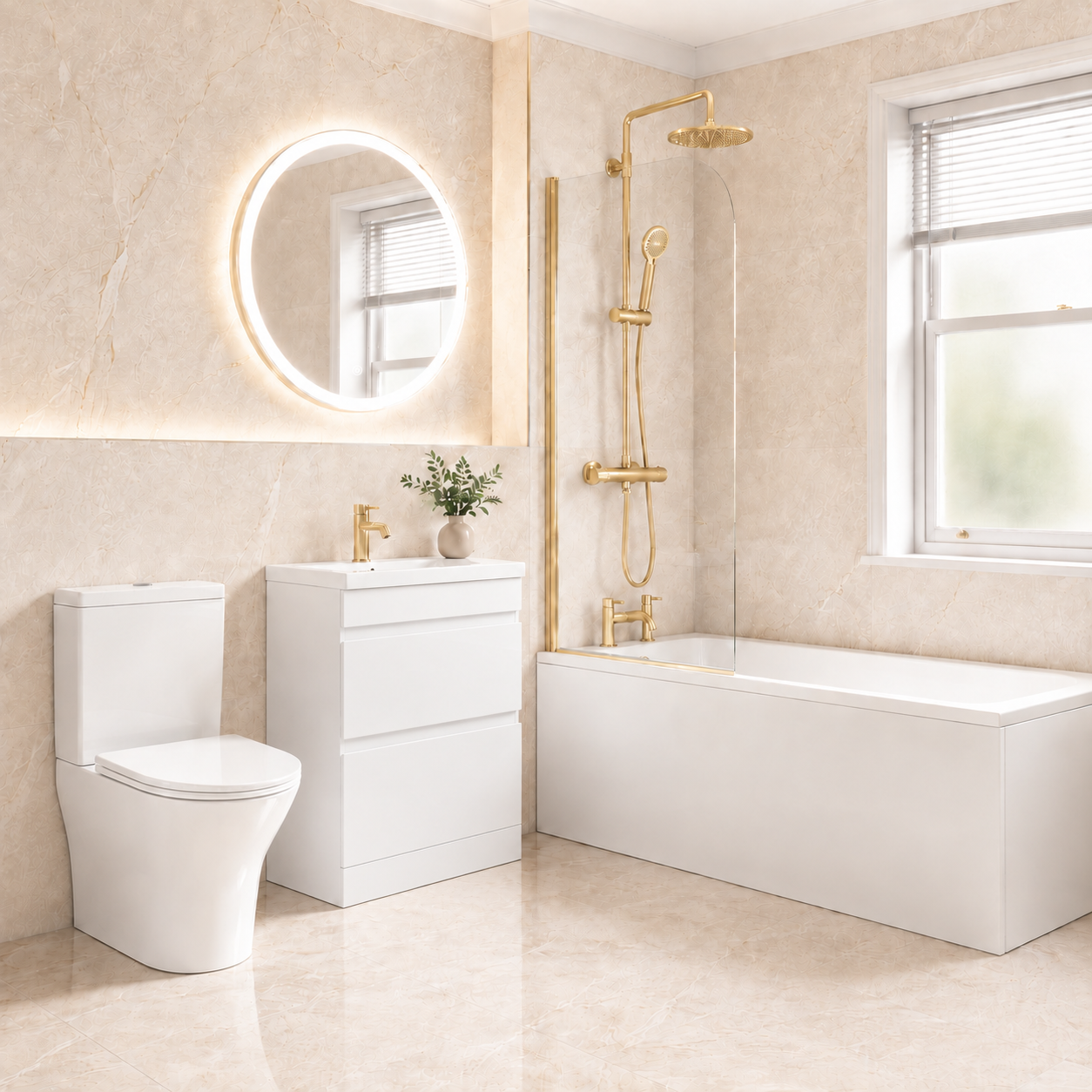 Bathroom Suite - Alaska 1500mm Square Single Ended Bathtub with Screen, 600mm 2 Drawer Basin Vanity & Close Coupled Toilet - Set with Brushed Brass Fittings