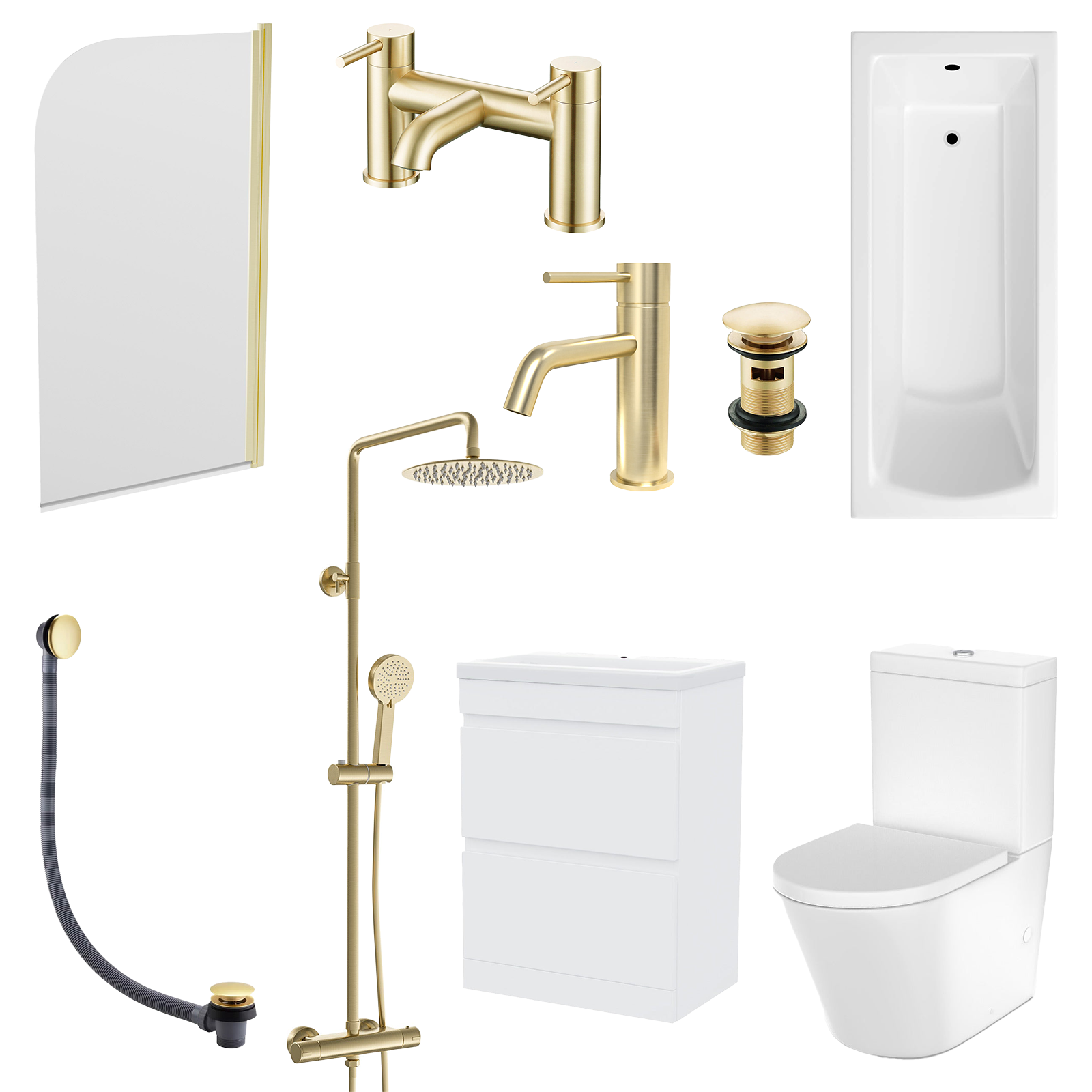 Bathroom Suite - Alaska 1500mm Square Single Ended Bathtub with Screen, 600mm 2 Drawer Basin Vanity & Close Coupled Toilet - Set with Brushed Brass Fittings