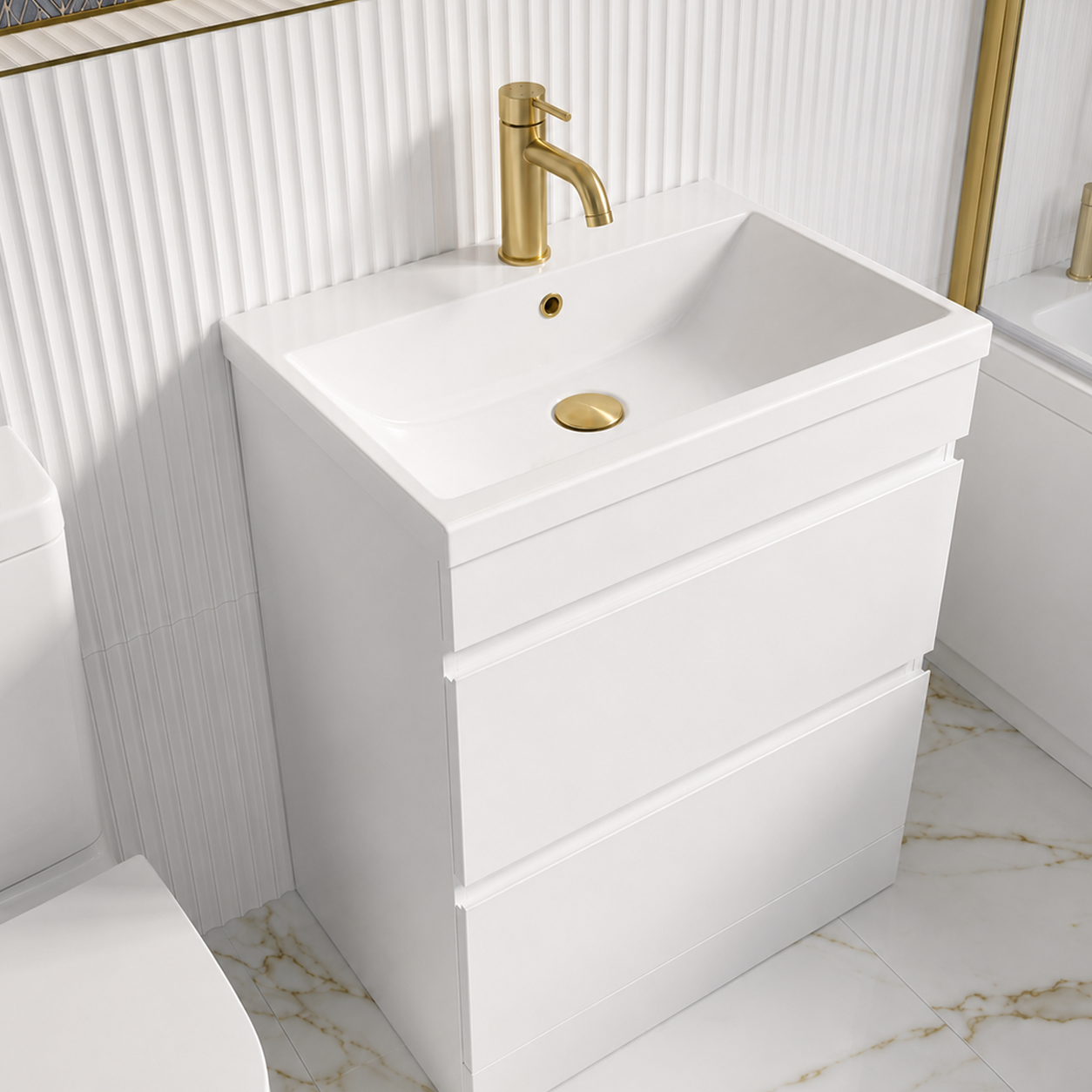 Bathroom Suite - Alaska 1500mm Square Single Ended Bathtub with Screen, 600mm 2 Drawer Basin Vanity & Close Coupled Toilet - Set with Brushed Brass Fittings