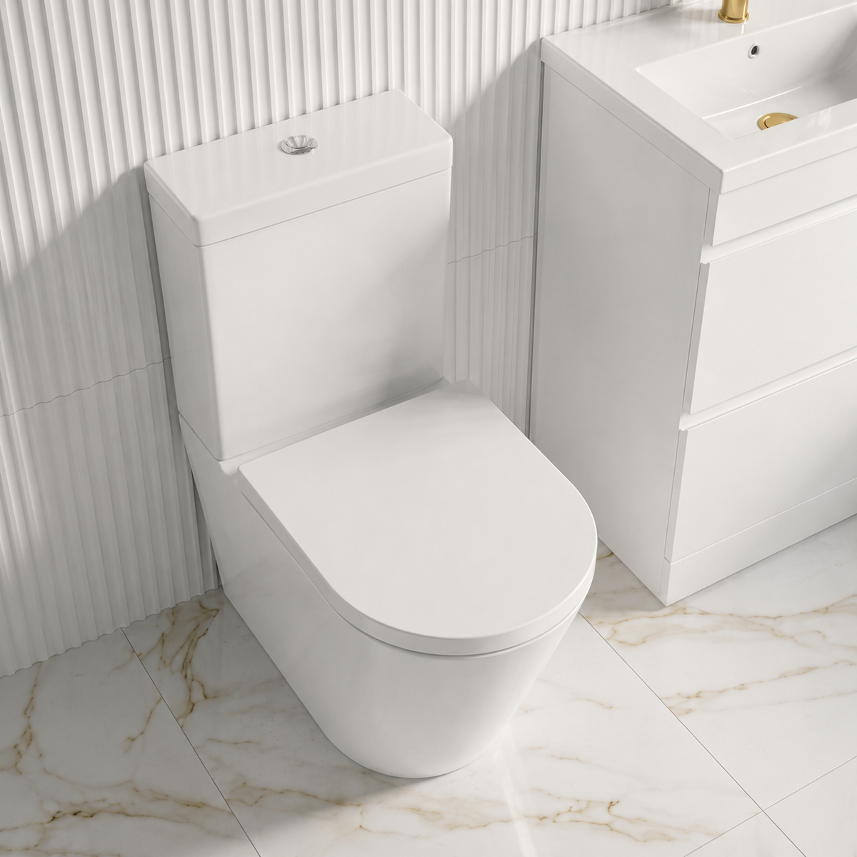 Bathroom Suite - Alaska 1400mm Square Single Ended Bathtub with Screen, 600mm Vanity Unit & Close Coupled Toilet - Set with Brushed Brass Fittings