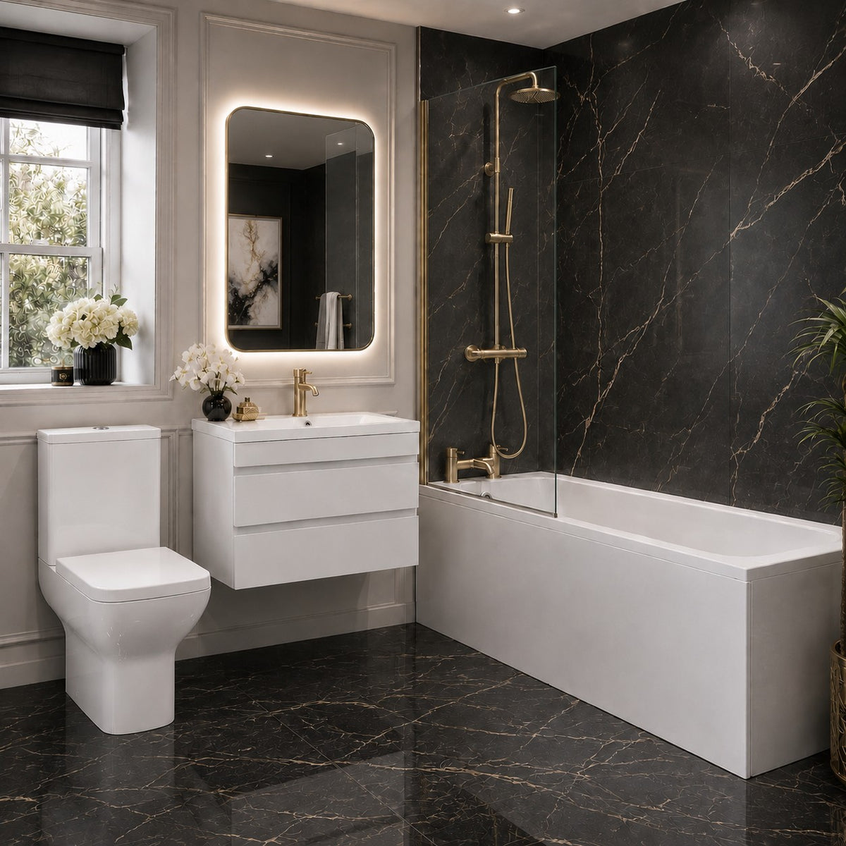Bathroom Suite - Alaska 1700mm Square Shower Bath, 800mm Wall Hung 2 Drawers Vanity Unit & Toilet Set with Brushed Brass Fittings