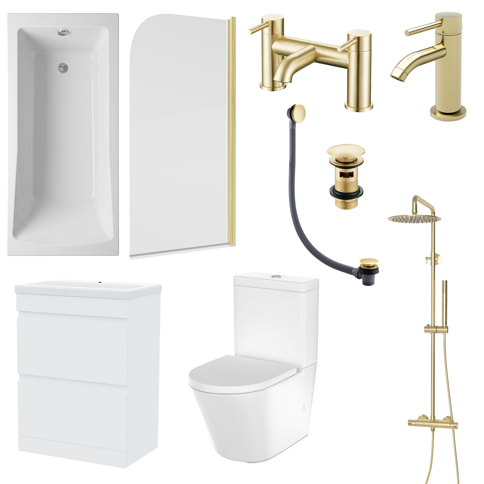 Bathroom Suite - Alaska 1700mm Square Shower Bath with Screen, 600mm 2 Drawers Vanity Unit & Toilet - Set with Brushed Brass Fittings