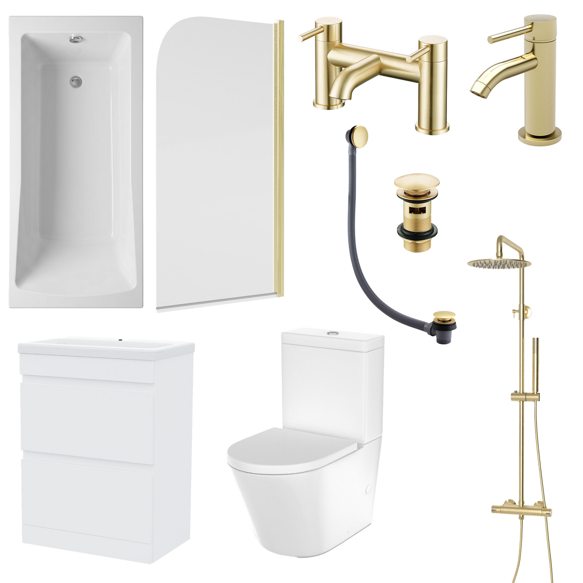 Bathroom Suite - Alaska 1700mm Square Shower Bath with Screen, 600mm 2 Drawers Vanity Unit & Toilet - Set with Brushed Brass Fittings