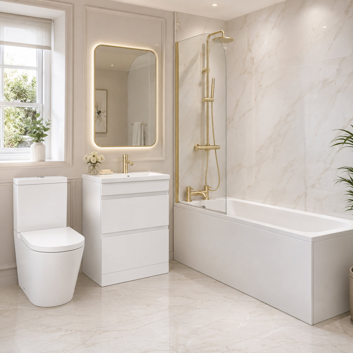 Bathroom Suite - Alaska 1700mm Square Shower Bath with Screen, 600mm 2 Drawers Vanity Unit & Toilet - Set with Brushed Brass Fittings