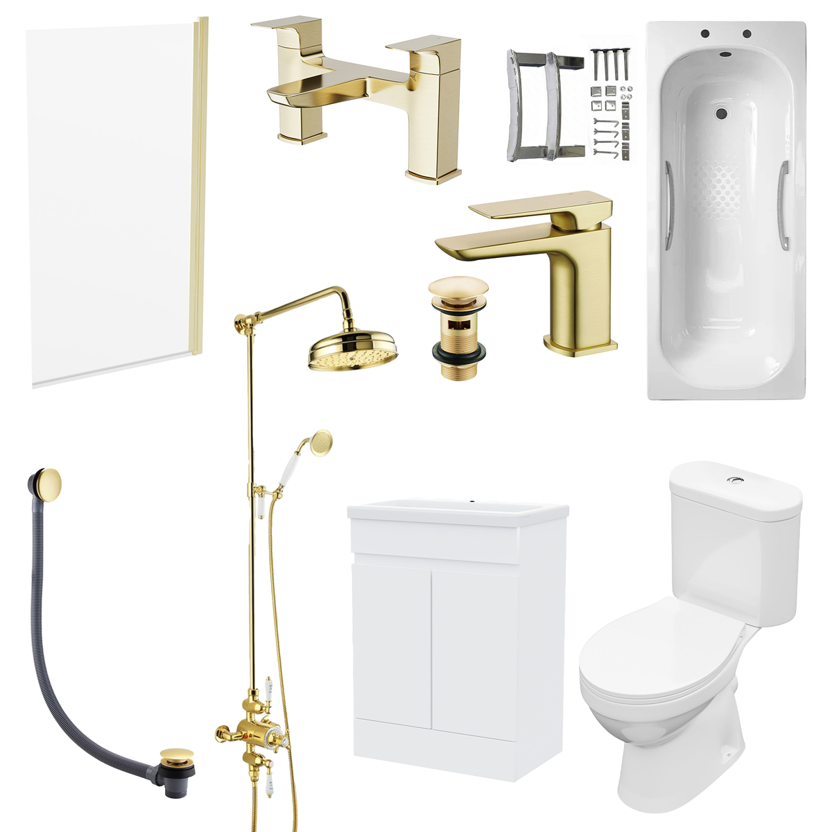 Bathroom Suite - Alaska 1700mm Steel Enamel Bathtub with Screen, 600mm Basin Vanity & Close Coupled Toilet Set with Brushed Brass Fittings
