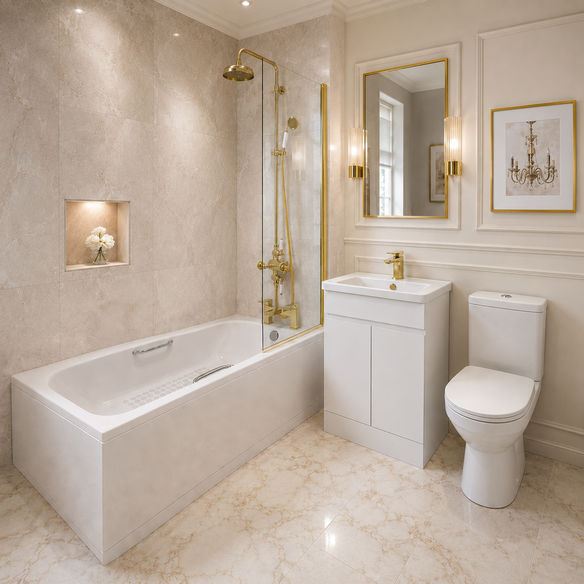 Bathroom Suite - Alaska 1700mm Steel Enamel Bathtub with Screen, 600mm Basin Vanity & Close Coupled Toilet Set with Brushed Brass Fittings