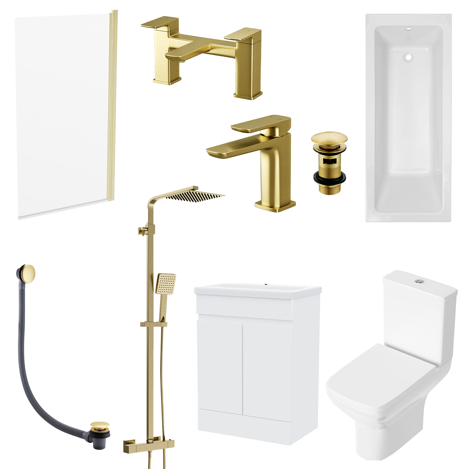 Bathroom Suite - Alaska 600mm Vanity, Toilet & 1700mm Standard Straight Square Bath - Complete Set with Brushed Brass Fittings