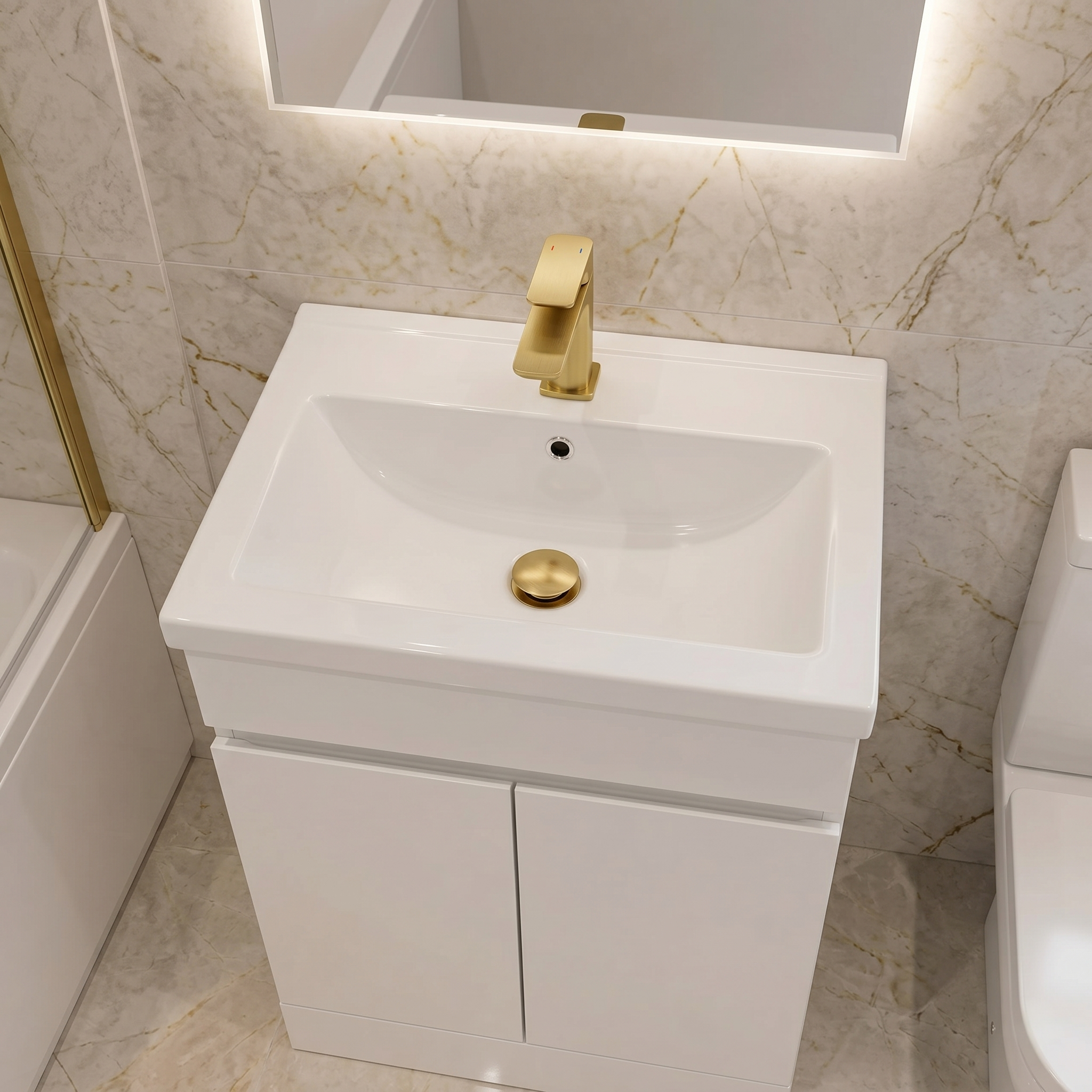 Bathroom Suite - Alaska 600mm Vanity, Toilet & 1700mm Standard Straight Square Bath - Complete Set with Brushed Brass Fittings