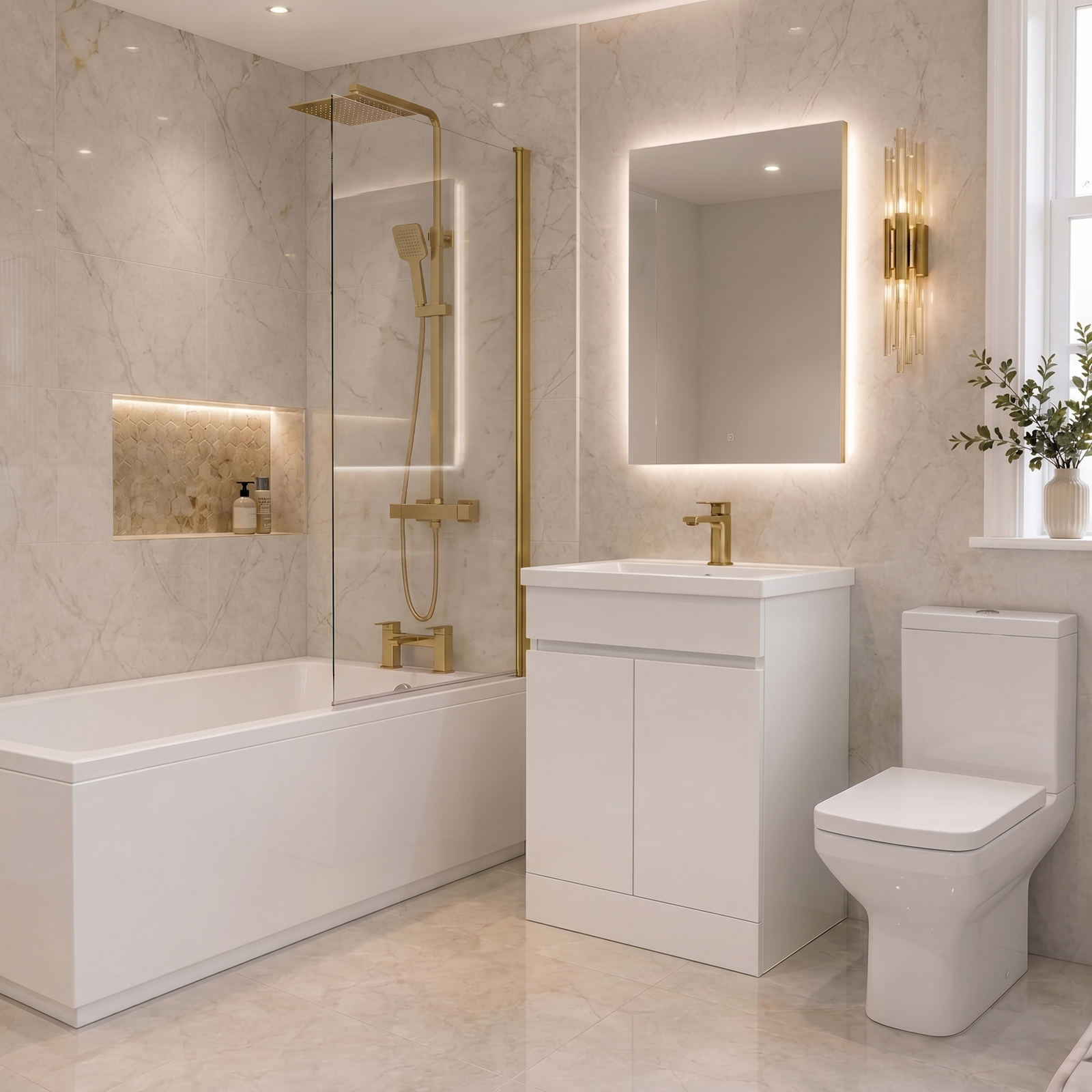 Bathroom Suite - Alaska 600mm Vanity, Toilet & 1700mm Standard Straight Square Bath - Complete Set with Brushed Brass Fittings