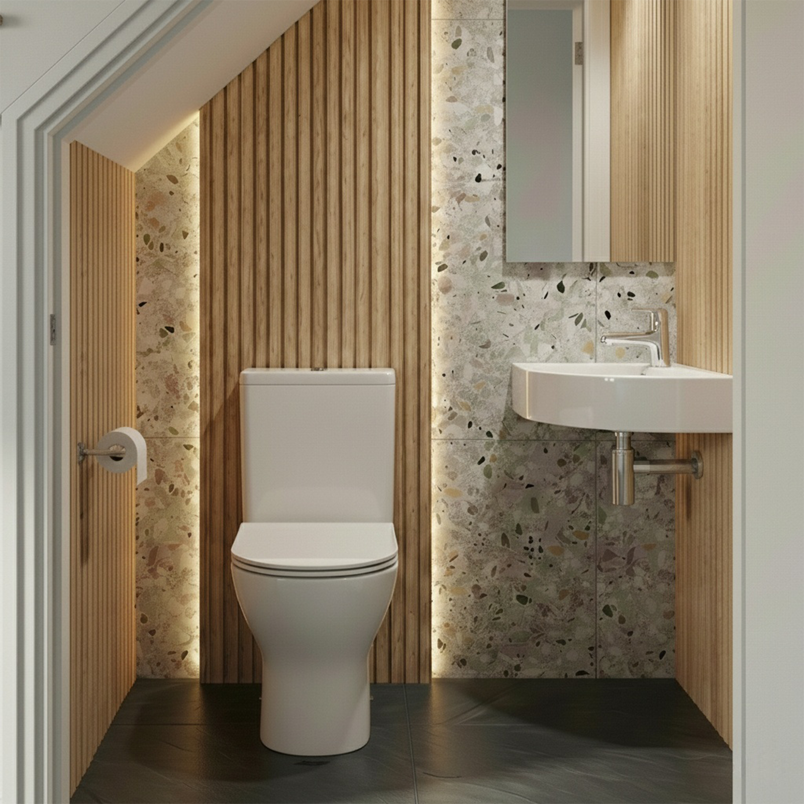 Tulla 670 x 470mm Cloakroom Quarter Circle Corner Basin & Theo Rimless Toilet & Chrome Basin Tap & Waste Set