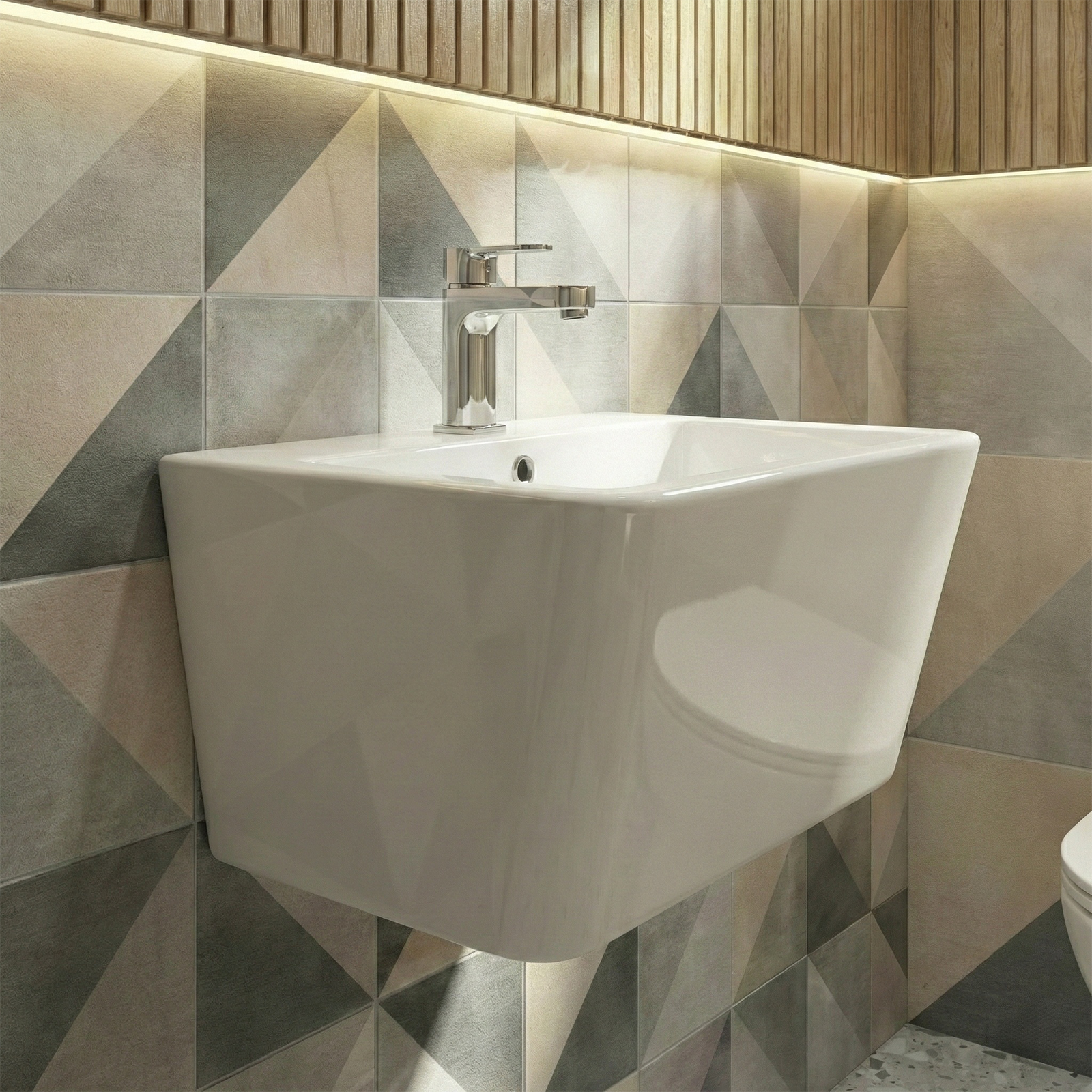 White Cloakroom Wall Hung Rectangle Basin & Theo Rimless Toilet & Chrome Basin Mixer Tap Set