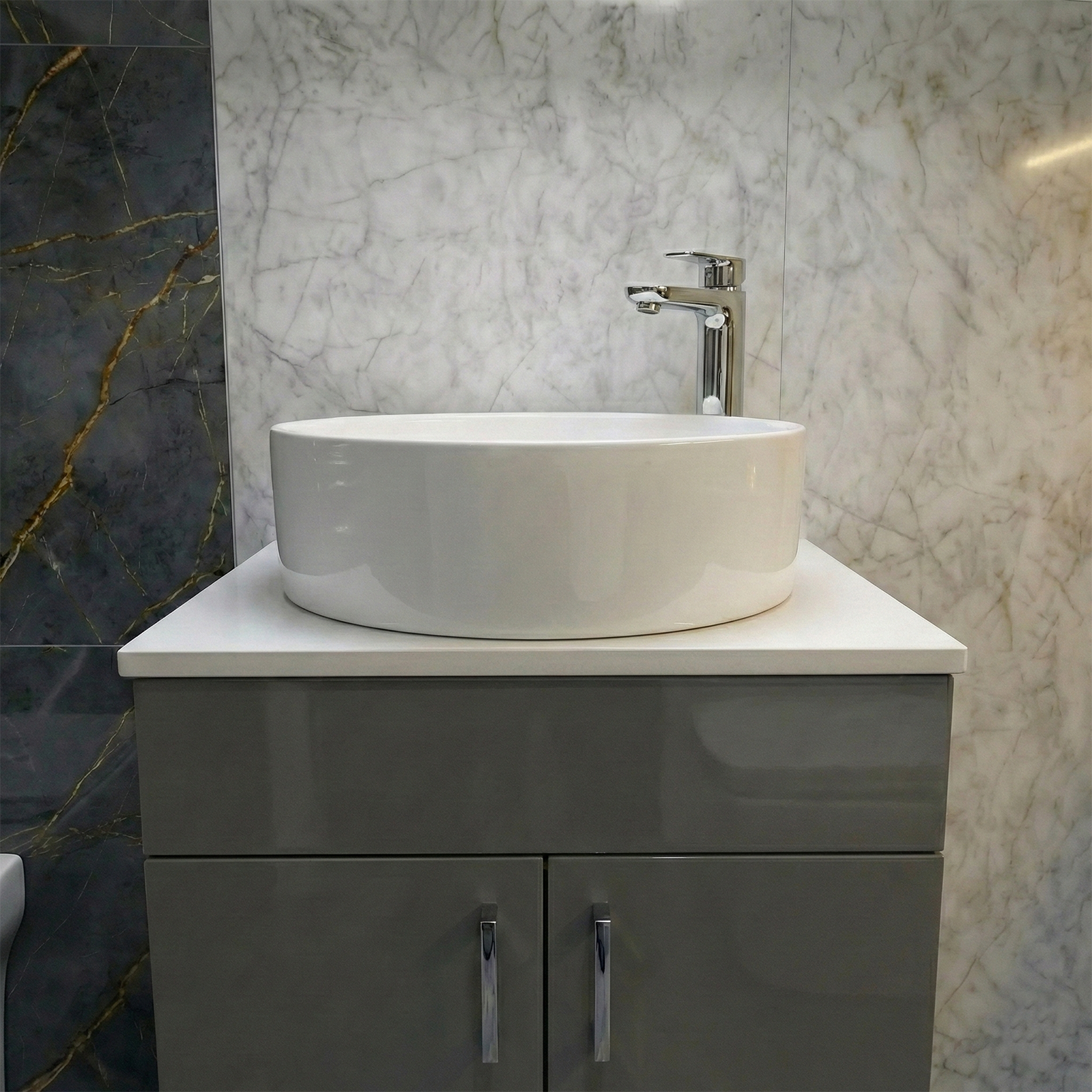 Etive 410mm Cloakroom Round Countertop Basin & Oakham Rimless Toilet & Chrome Tall Basin Tap Set