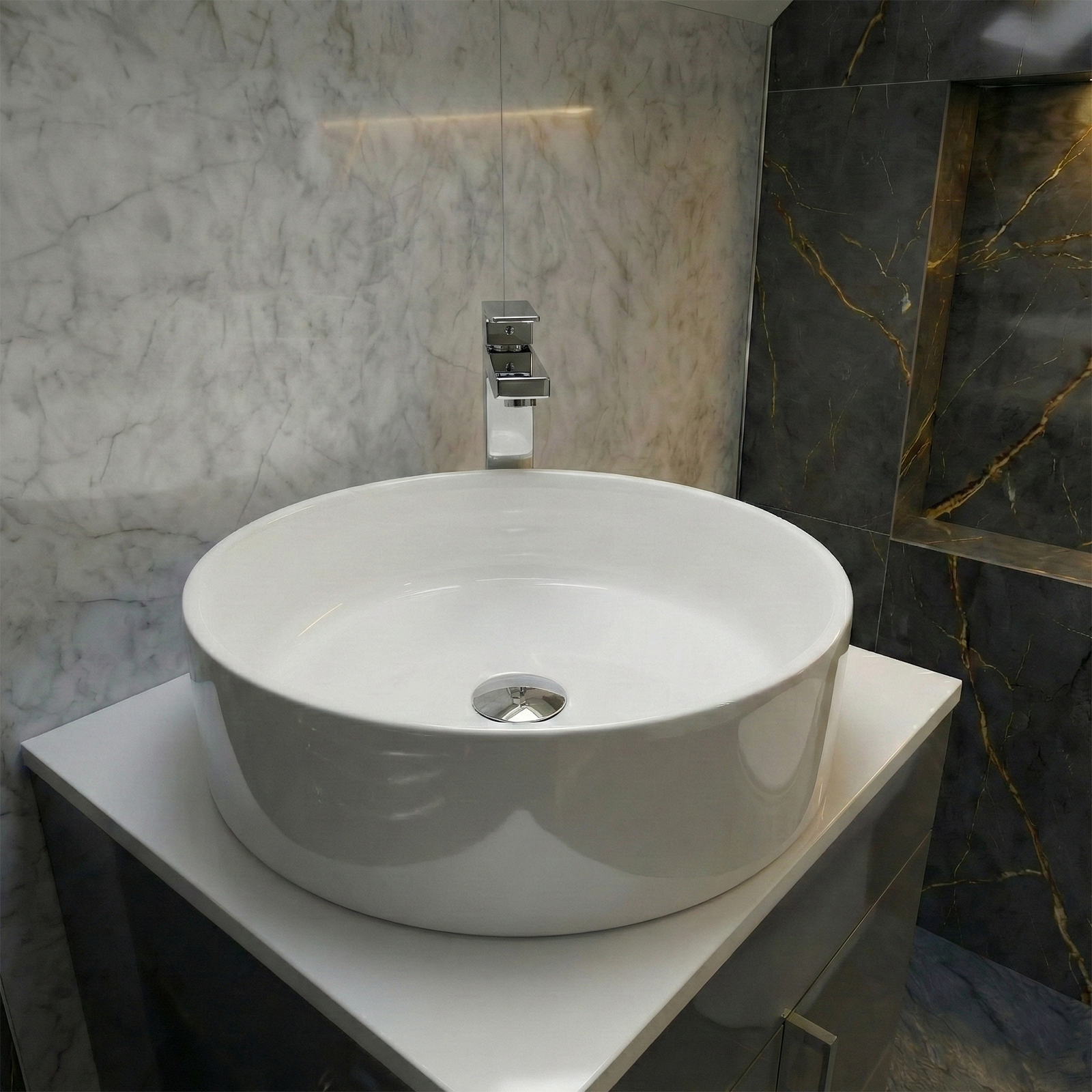 Etive 410mm Cloakroom Round Countertop Basin & Oakham Rimless Toilet & Chrome Tall Basin Tap Set