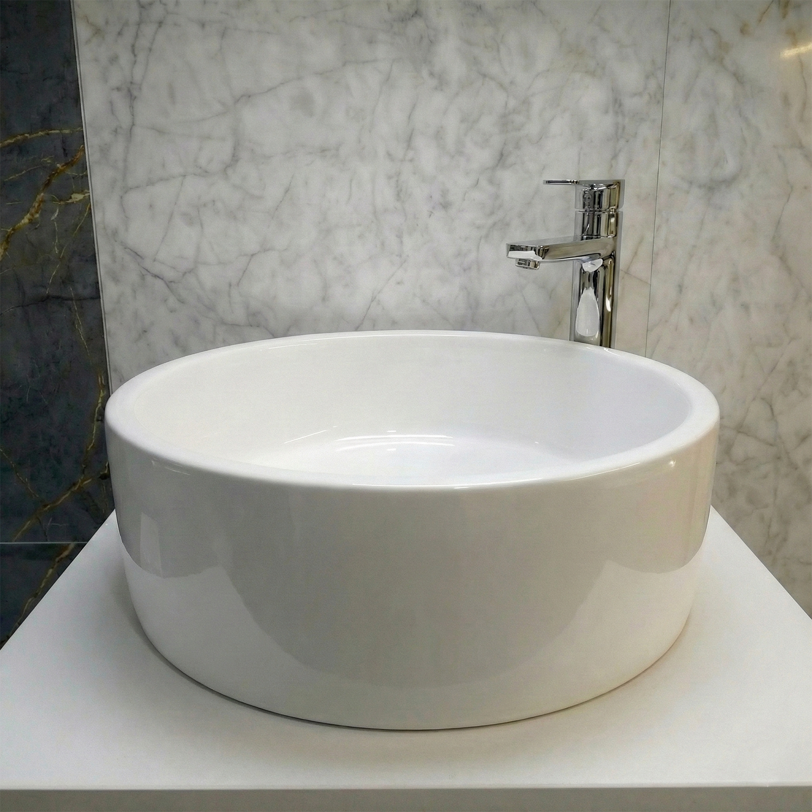 Etive 410mm Cloakroom Round Countertop Basin & Oakham Rimless Toilet & Chrome Tall Basin Tap Set