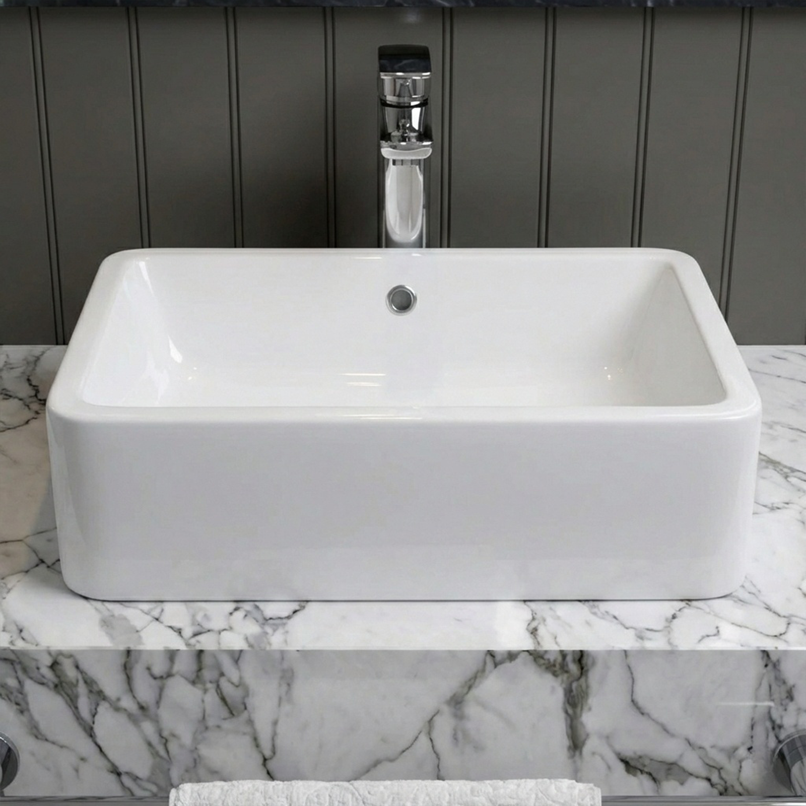 Leven 510 x 360mm Cloakroom Rectangular Countertop Basin & Oakham Rimless Toilet & Chrome Tall Basin Tap Set