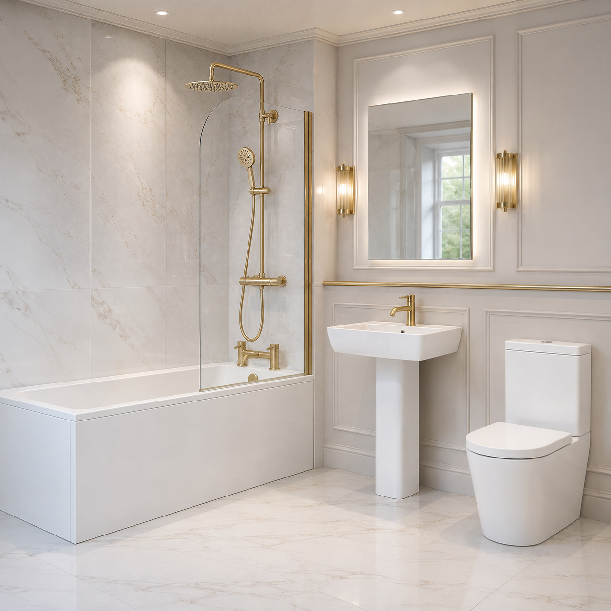 Bathroom Suite - 1700mm Round Shower Bath, 560mm Square Pedestal Basin & Toilet Set with Brushed Brass Fittings