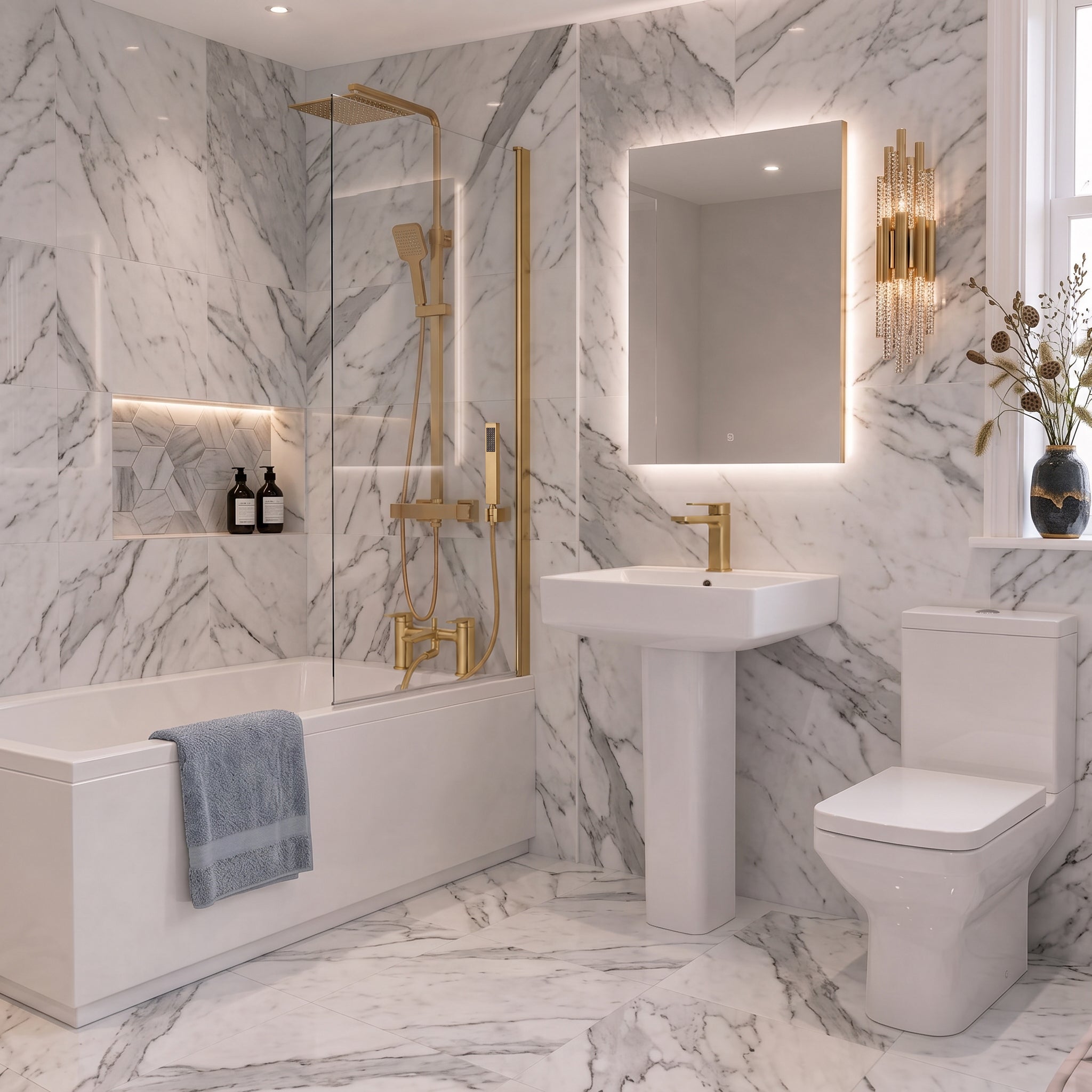 Bathroom Suite - Kelly 1700mm Square Shower Bath with Screen, 560mm Square Pedestal Basin & Toilet - Set with Brushed Brass Fittings