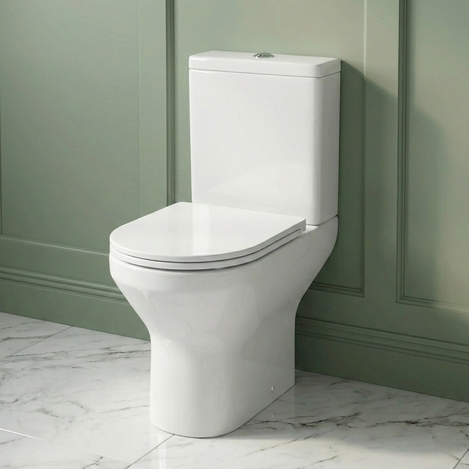 White toilet against a green paneled wall with marble floor