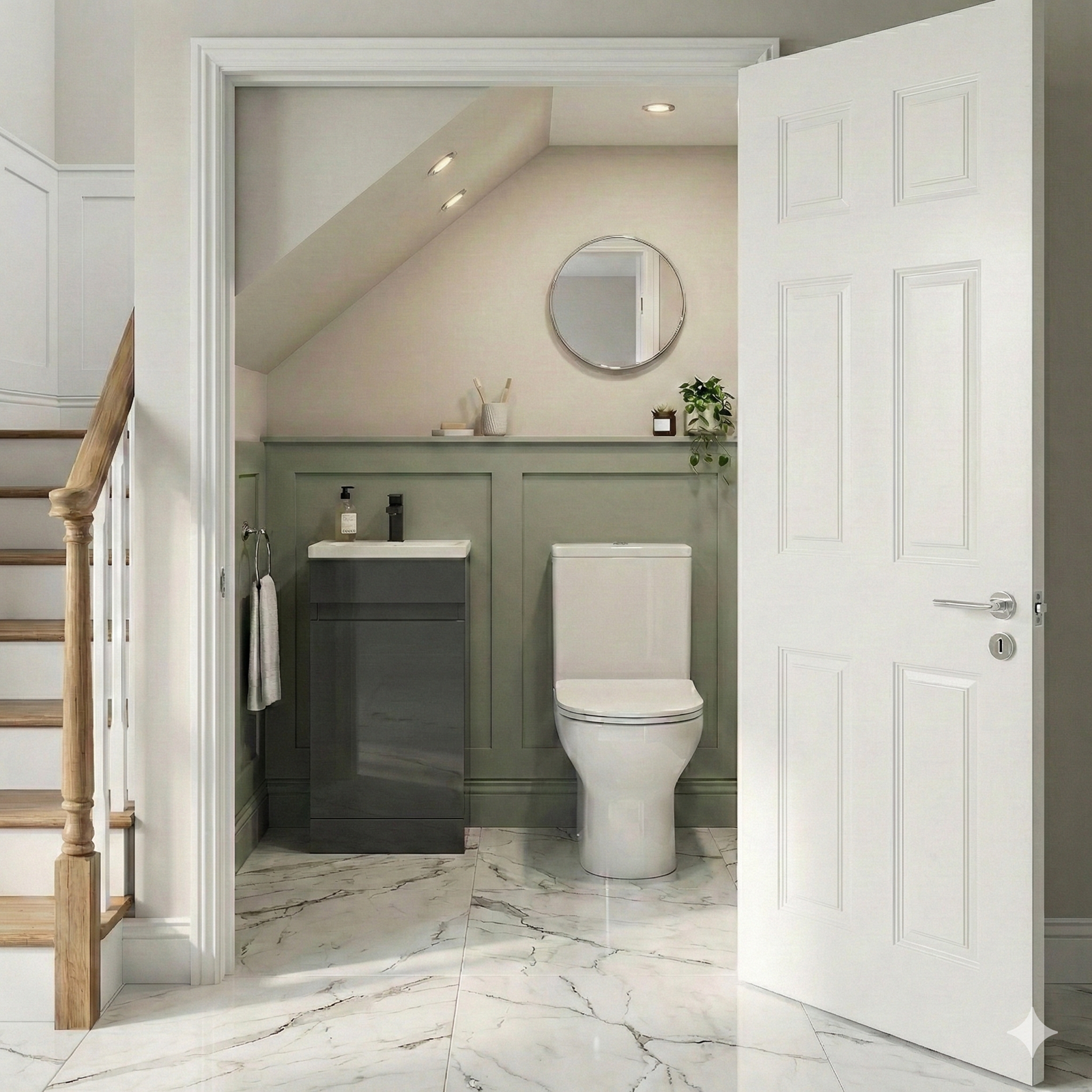 Modern bathroom with toilet, sink, and mirror in a home setting.