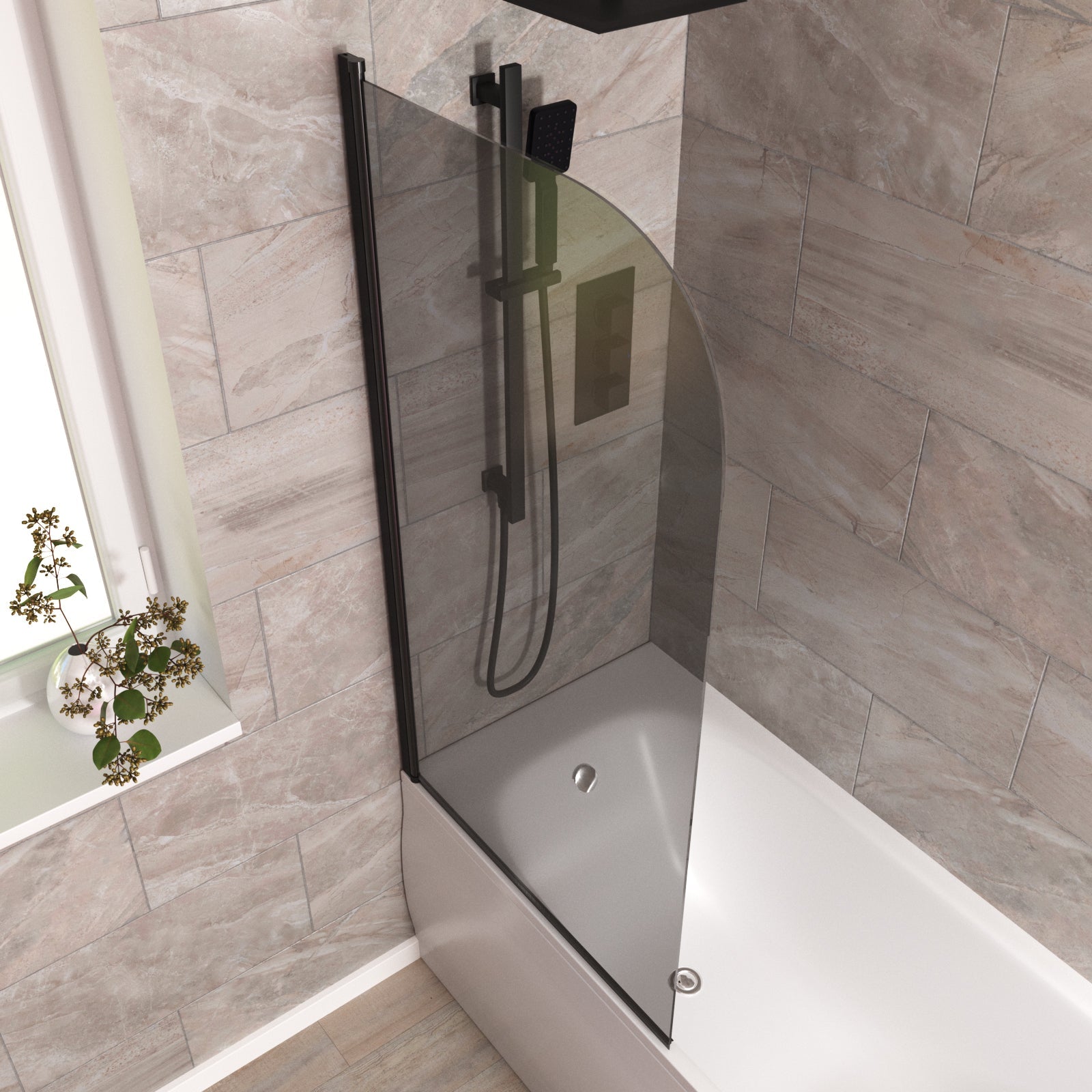 Denver 800mm Curved Bath Screen Matt Black Profile Grey Tinted Glass Reversible